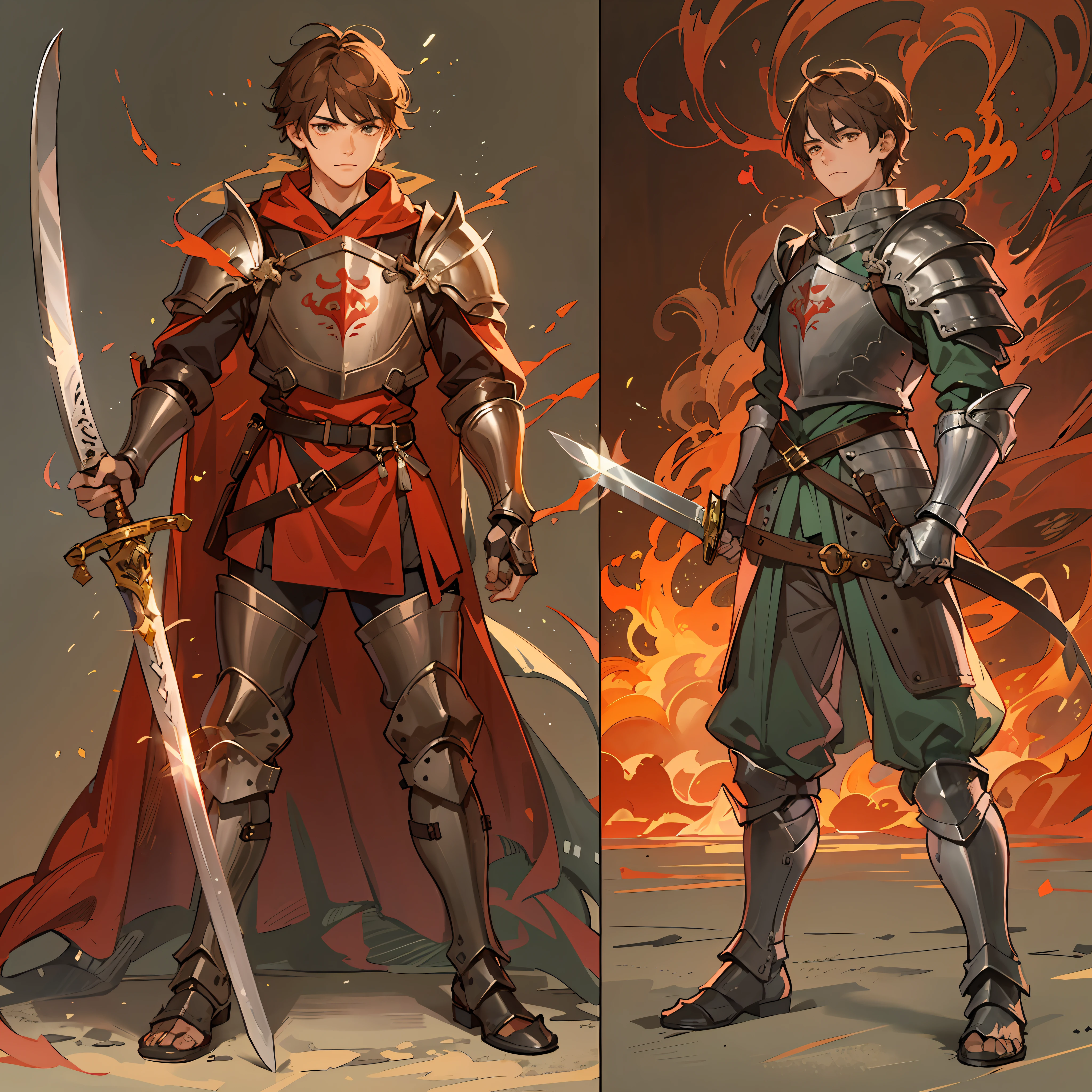 a 17-year-old age boy, 1 boy as a swordsman, sword, brown short hair, brown short hair parted in the middle, without a beard, without a goatee, no facial hair, silver colored medieval knight armor, red clothes, with giant flaming flames behind him