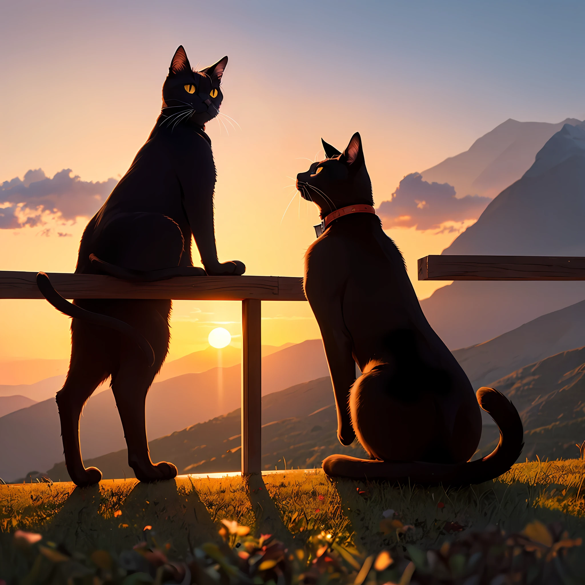 A black cat looks out at the setting sun,Far Mountain,Beautiful,delicated,high-class,Back Shadow --auto