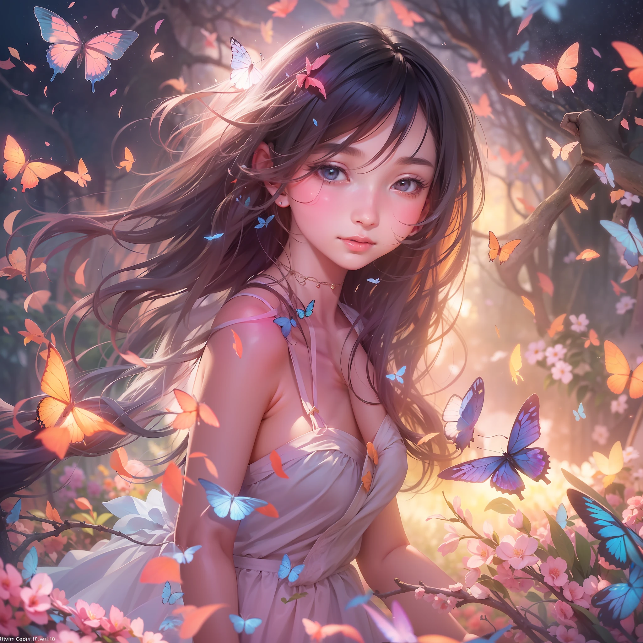 1girl, solo, full body, (masterpiece:1.21), (best quality:1.2), colorful, (illustration:1.2), (cinematic lighting:1.1), (bare shoulders:1.21), (collarbone:1.21)
In this whimsical and fantastical garden, the scene is illuminated by a rainbow of (colorful fireflies), dancing and fluttering in the air. The garden is decorated by a gentle (drizzle), creating a misty and ethereal atmosphere. In the center of the scene, there is a single girl, an extremely delicate and beautiful girl, with cute features and an innocent expression. Her long hair is flowing with the wind. She is wearing no shoulder straps dress, which is ultra low cut, highlighting her delicate curves.

The lighting is very delicate and beautiful, creating a soft and warm glow that highlights the water, making it sparkle like diamonds. The finest grass is also illuminated, creating a lush and verdant carpet. The garden is surrounded by colorful flower fields, with blooms of every color and shape. (Colorful butterflies), of every shade and size, can be seen fluttering around the scene, adding to the overall sense of wonder and magic. (look ai viewer),A blush can be seen on her nose, and her mouth is slightly open, adding to the overall sense of innocence and youthfulness. Falling petals can be seen floating around her, adding to the overall sense of romance and beauty. A gentle wind is blowing through the scene, making the leaves rustle and the flowers sway, adding to the overall sense of movement and life. This is a scene of pure wonder and magic, filled with color and beauty, where the viewer can lose themselves in the enchanting and captivating world.