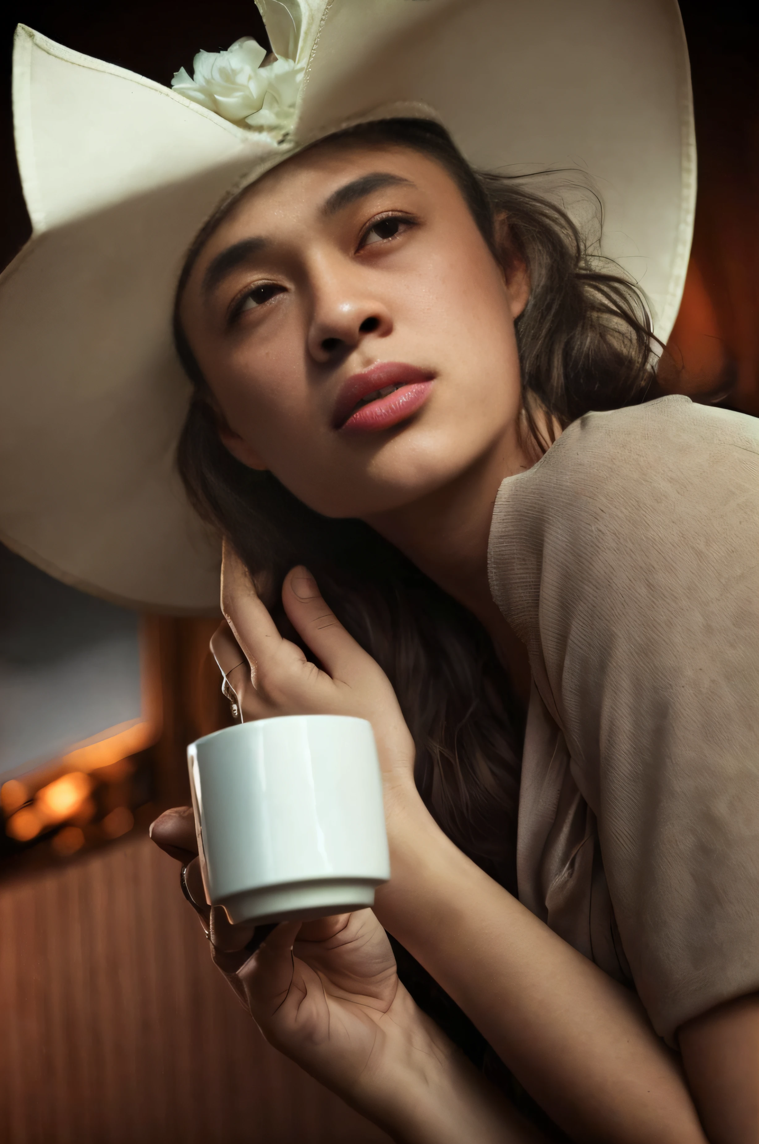 Araved woman holding a cup of coffee in a hat, portrait of morning coffee, mysterious coffee shop girl, woman drinking coffee, portrait shooting, drinking a coffee, Drinking coffee, morning coffee, drinking a cup of coffee, fashion photography portrait, fine art fashion photography, close up portrait shot, modeling photography, seductive lady, photo of a beautiful woman