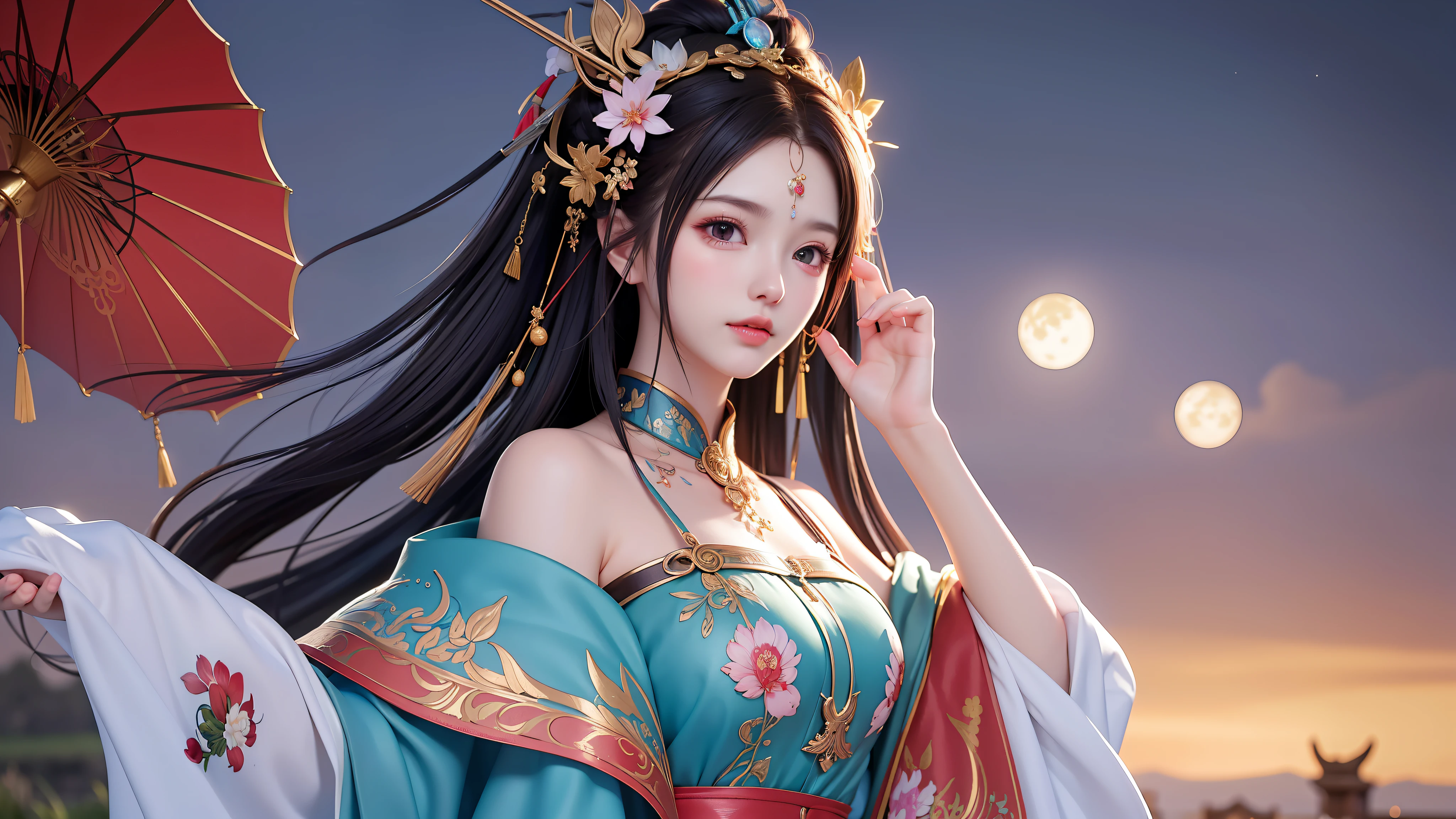 (8k, RAW photo:1.2),best quality, ultra high res,dramatic angle,(fluttered detailed color splashs), (illustration),(((1 girl))),(long hair),(rain:0.9),(hair ornament:1.4),there is an ancient palace beside the girl,chinese clothes,(focus on), color Ink wash painting,(color splashing),colorful splashing,(((colorful))),(sketch:0.8), Masterpiece,best quality, beautifully painted,highly detailed,(denoising:0.6),[splash ink],((ink refraction)), (beautiful detailed sky),moon,highly,detaild,(masterpiece, best quality, extremely detailed CG unity 8k wallpaper,masterpiece, best quality, ultra-detailed),(Lycoris radiata),
