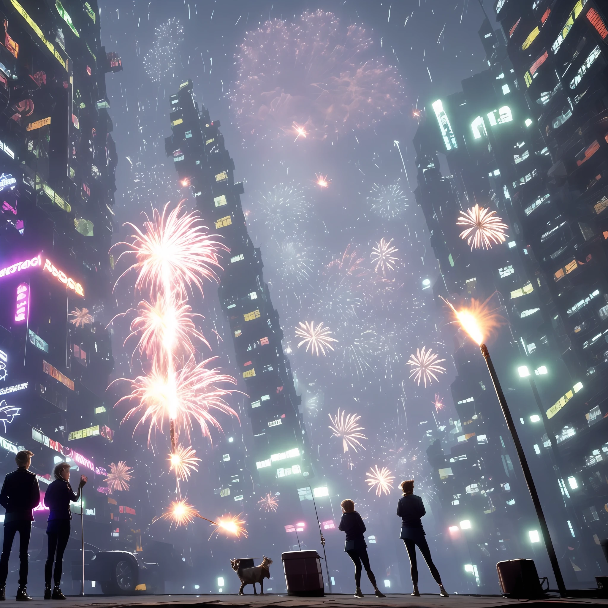 firecrackers,cyber punk perssonage,tall house,nigth,Transform people,New Year