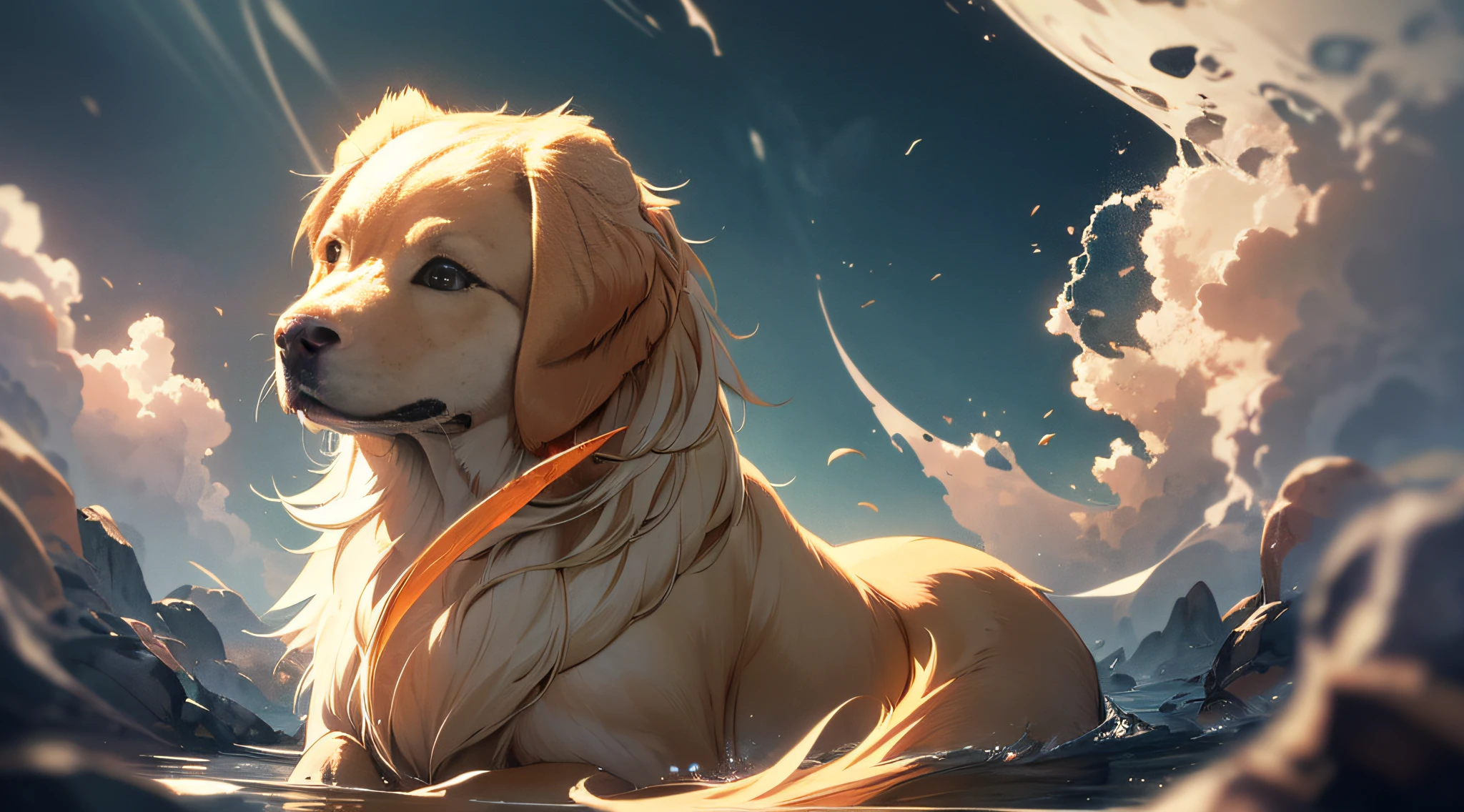 Masterpiece, best quality,（Always cute golden retriever）, ultra detailed, official art,unity 8k wallpaper,

fluid colors, dreamy washes，
delicate textures, organic shapes,
atmospheric depth
