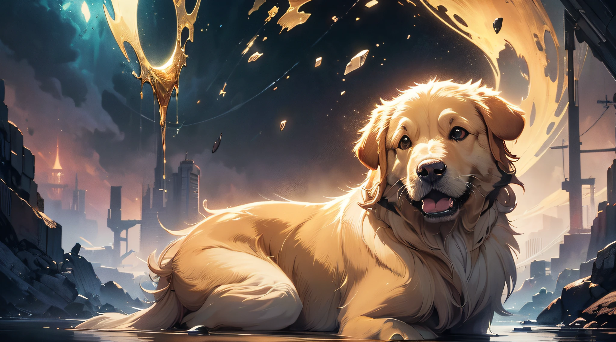 Masterpiece, best quality,（Always cute golden retriever）, ultra detailed, official art,unity 8k wallpaper,

fluid colors, dreamy washes，
delicate textures, organic shapes,
atmospheric depth