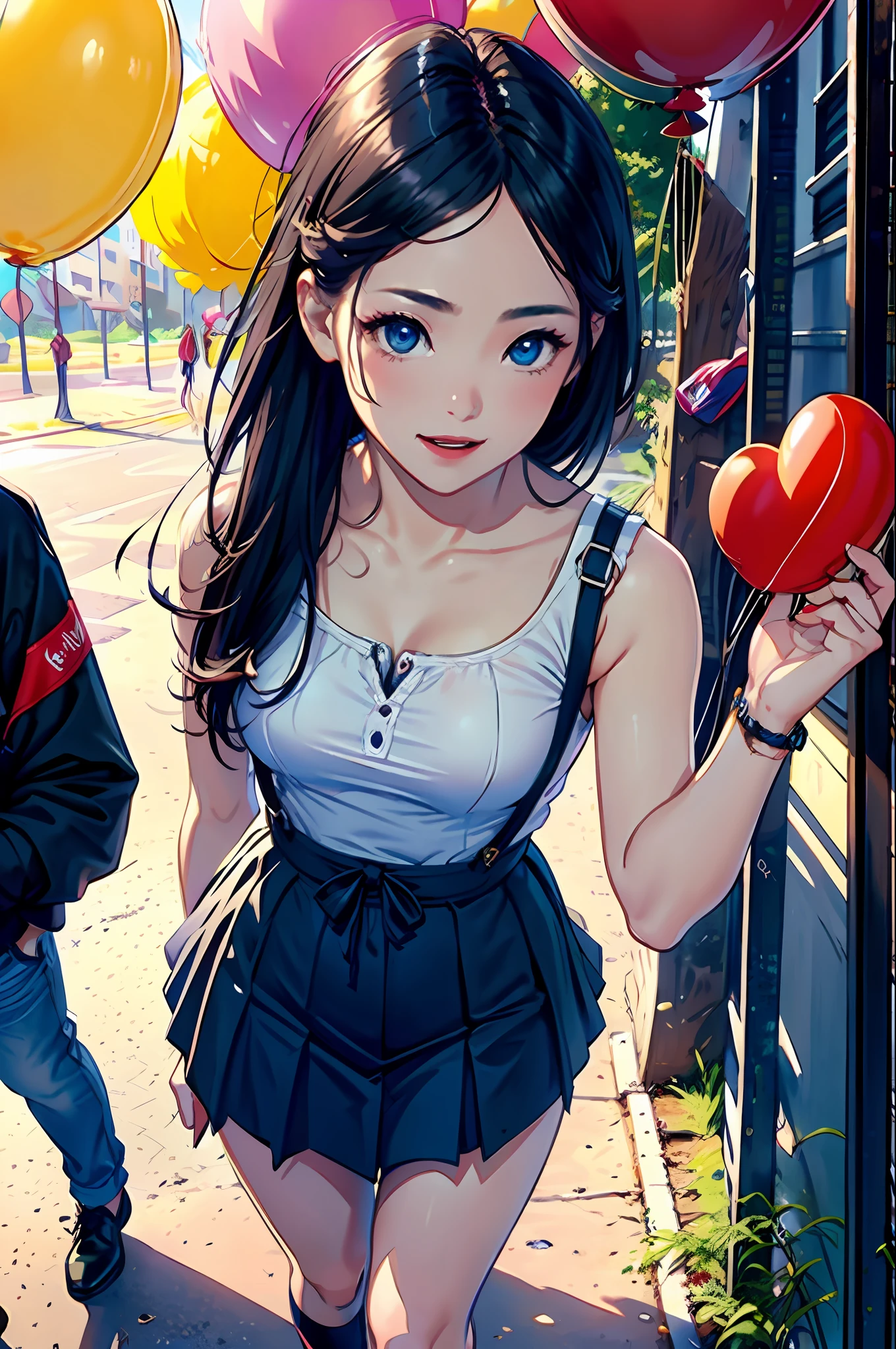 masterpiece、top-quality、1girl in, (colourfull),(Beautiful eyes and magnificent face reflected in every detail)、电影灯光,Highly detailed CG Unity 8K wallpapers, A dark-haired,独奏,A smile,Double Mini Pleated Skirt,Sexy sleeveless、((Balloons)),Street corners in Greece、sun shine, Fantasia,a navel、Beautiful waist、high socks、espadrilles、primary colours、High brightness、(Lower breast)