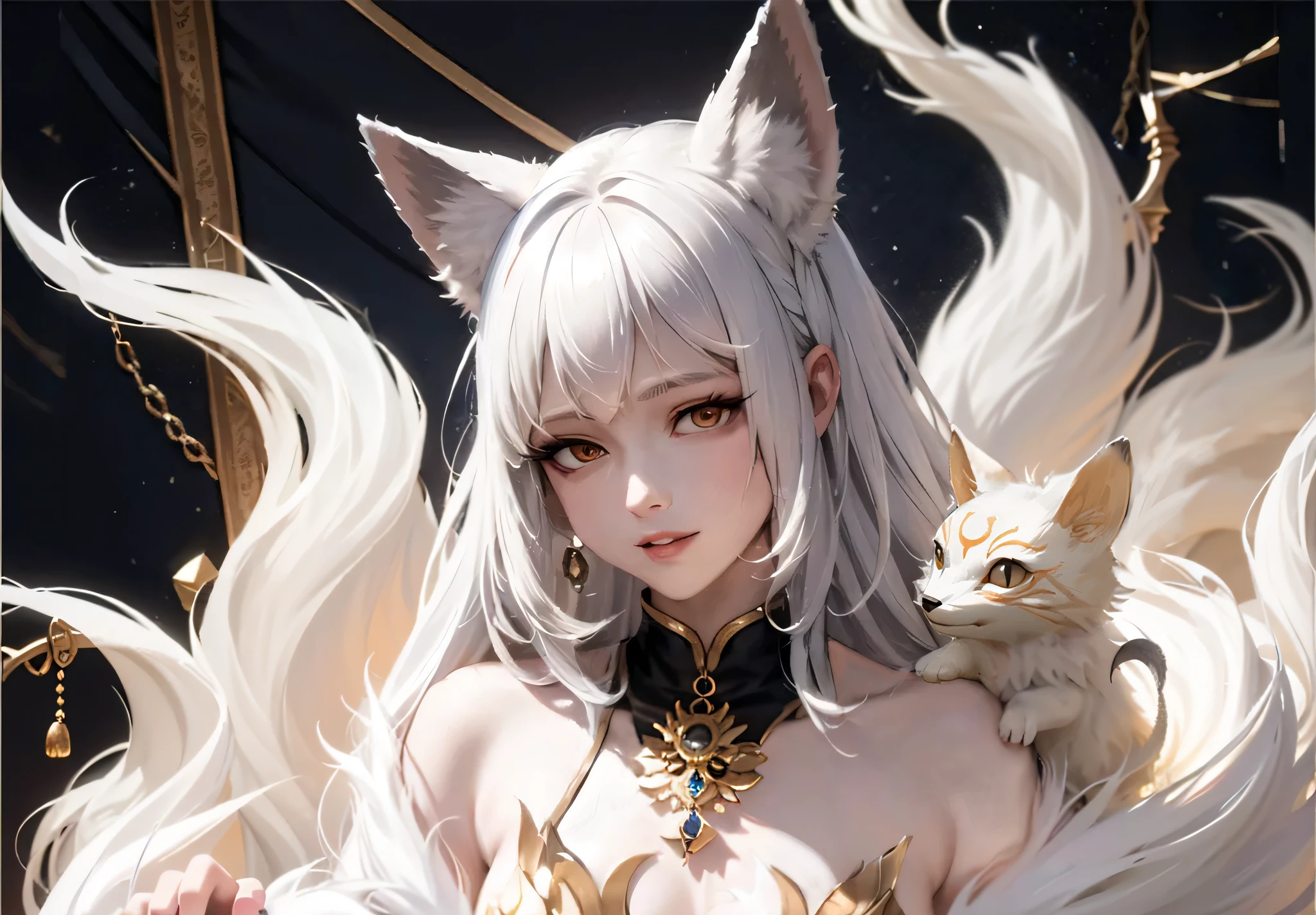 top-quality,HighestQuali,tmasterpiece,White hair,Gold necklace,Behind him is a white fox tail,Nine Tails,There is a cute little white fox on the shoulder。