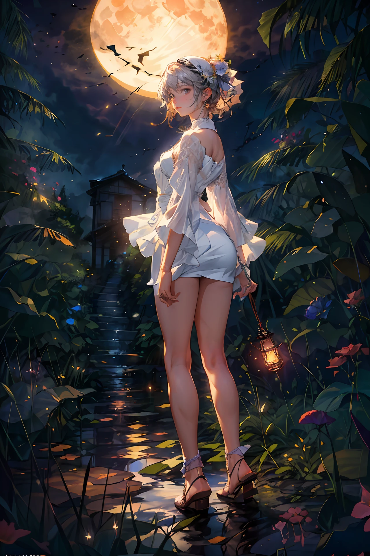 expansive landscape photography, (a bottom view showing the sky above and open country below), a girl standing in a field of flowers looking up, (full moon: 1.2), (shooting stars: 0.9), (nebula : 1.3), distant mountain, BREAK tree production art, (warm light source: 1.2), (Firefly: 1.2), lamp, lots of purple and orange, intricate details, volumetric lighting, BREAK realism (masterpiece: 1.2) , (best quality), 4k, ultra-detailed, (dynamic compositing: 1.4), highly detailed, colorful details, (iridescent colors: 1.2), (bright lighting, atmospheric lighting), dreamy, magical, (solo: 1.2)