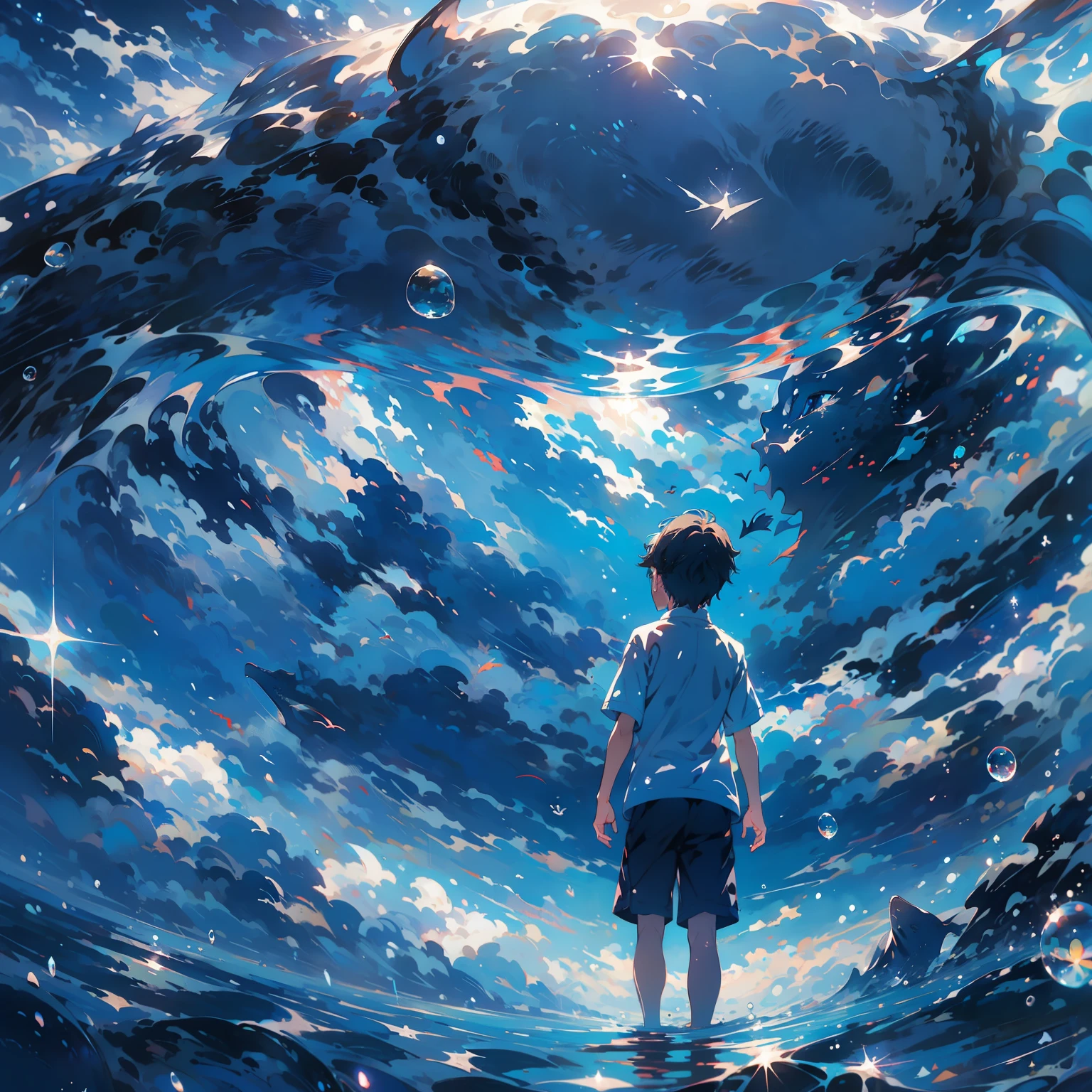 Estilo de Makoto Shinkai, A blue hue that fills the entire picture, A boy opened his hands, Under the sun, There is a huge whale above, There are many small fish around, Bright bubbles and fluorescent jellyfish float around。largeaperture+dynamic blur+Beautiful lighting enhances the picture。