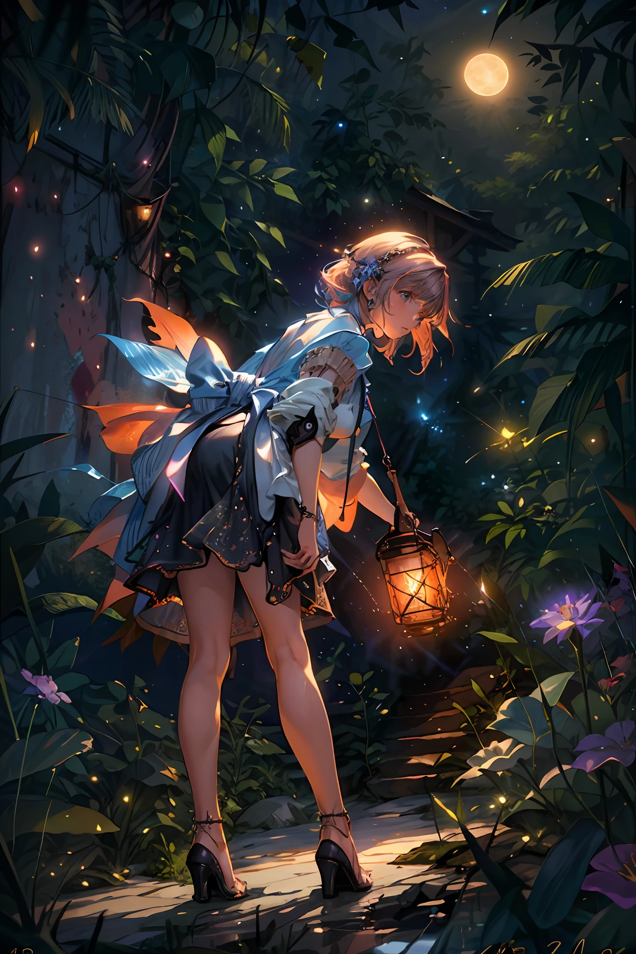expansive landscape photography, (a bottom view showing the sky above and open country below), a girl standing in a field of flowers looking up, (full moon: 1.2), (shooting stars: 0.9), (nebula : 1.3), distant mountain, BREAK tree production art, (warm light source: 1.2), (Firefly: 1.2), lamp, lots of purple and orange, intricate details, volumetric lighting, BREAK realism (masterpiece: 1.2) , (best quality), 4k, ultra-detailed, (dynamic compositing: 1.4), highly detailed, colorful details, (iridescent colors: 1.2), (bright lighting, atmospheric lighting), dreamy, magical, (solo: 1.2)
