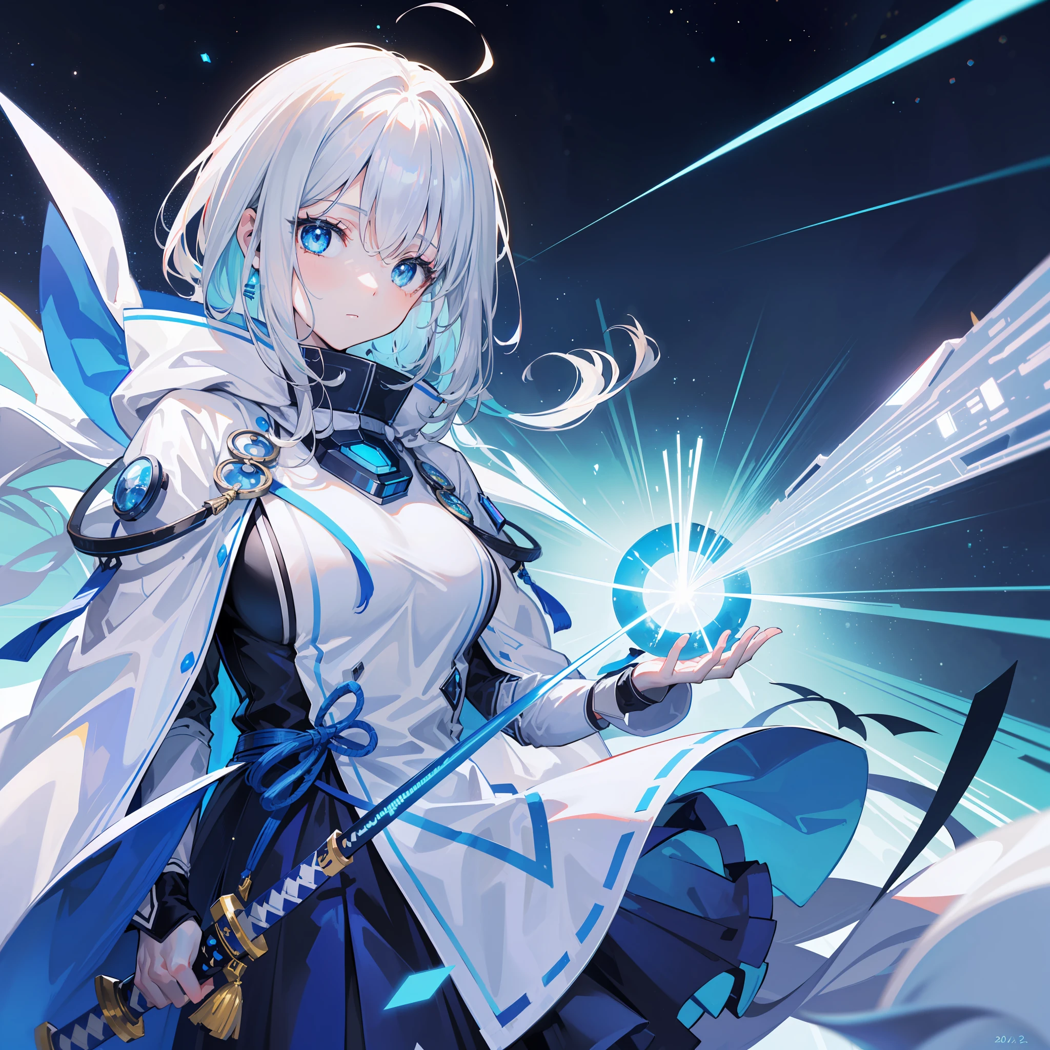 (tmasterpiece, best qualtiy, hyper-high detail, style of anime，HDT，8K)(Light sci-fi atmosphere, White-haired girl with blue laser katana, Wearing a blue and white cloak, Blue pupil，dual horsetail), (Simple blue sci-fi electronic pattern decoration), (Huge blue sci-fi space as background)