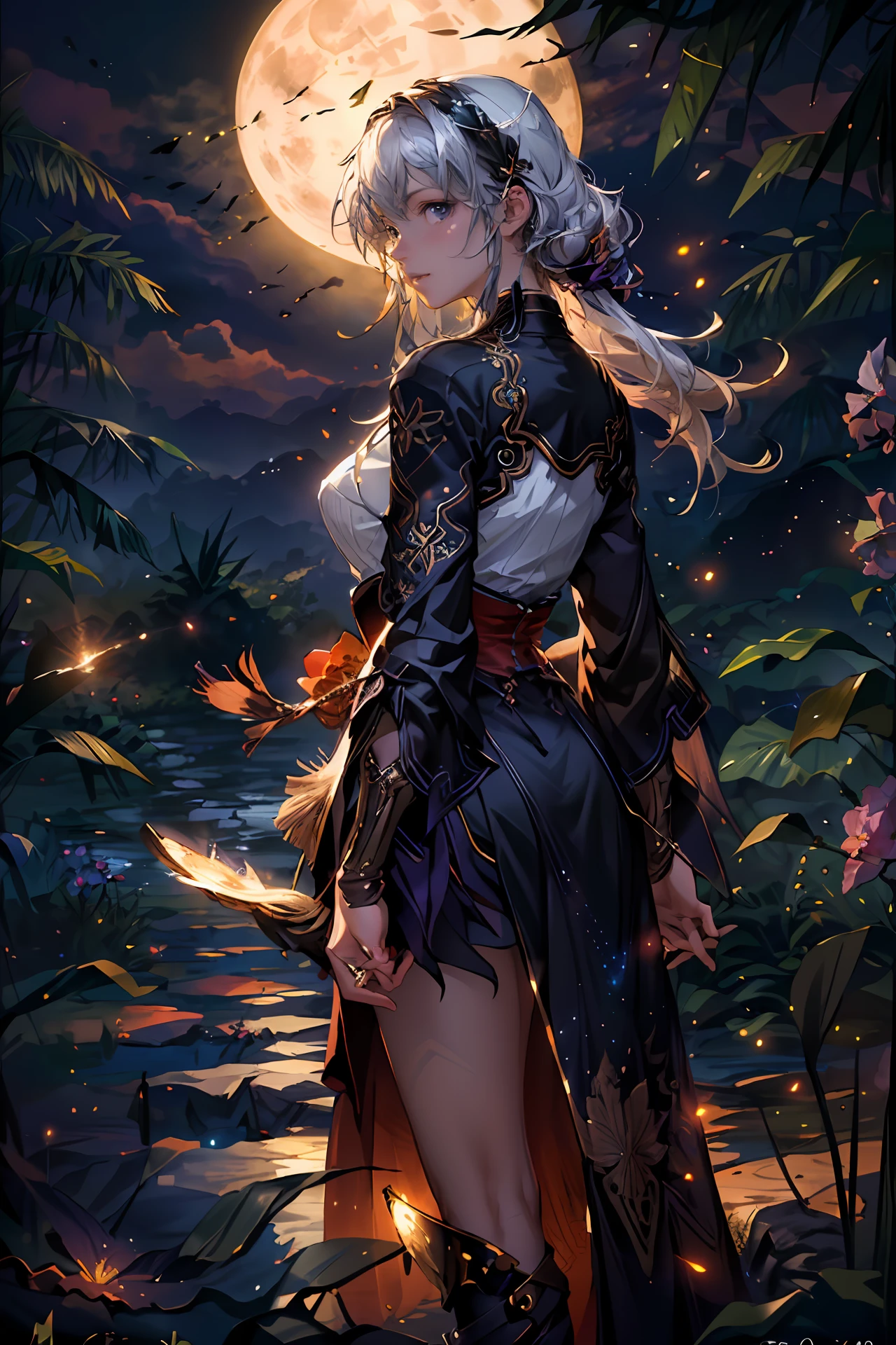 expansive landscape photography, (a bottom view showing the sky above and open country below), a girl standing in a field of flowers looking up, (full moon: 1.2), (shooting stars: 0.9), (nebula : 1.3), distant mountain, BREAK tree production art, (warm light source: 1.2), (Firefly: 1.2), lamp, lots of purple and orange, intricate details, volumetric lighting, BREAK realism (masterpiece: 1.2) , (best quality), 4k, ultra-detailed, (dynamic compositing: 1.4), highly detailed, colorful details, (iridescent colors: 1.2), (bright lighting, atmospheric lighting), dreamy, magical, (solo: 1.2)