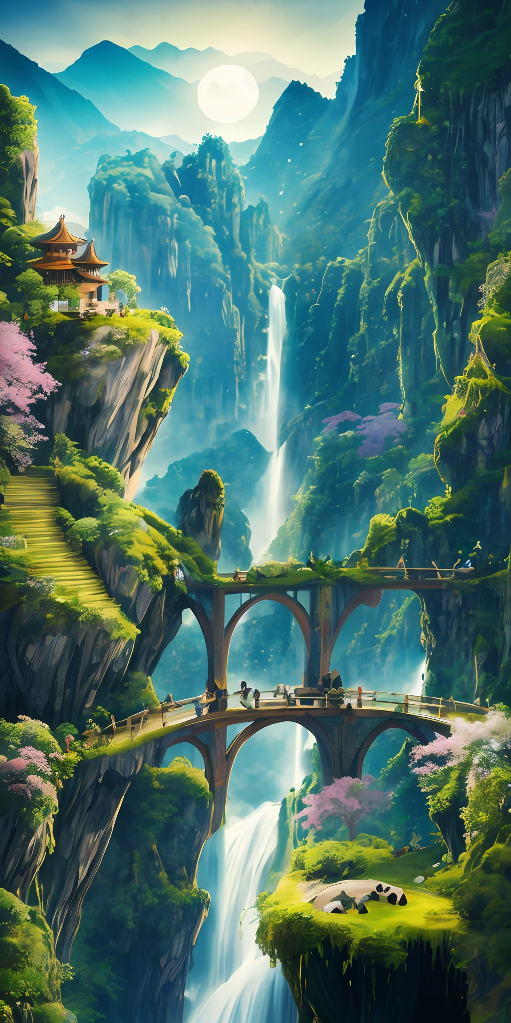 A beautiful enchanted lake, with crystal clear waters, with flowers and stones around, a beautiful waterfall in the background, children's book illustration style