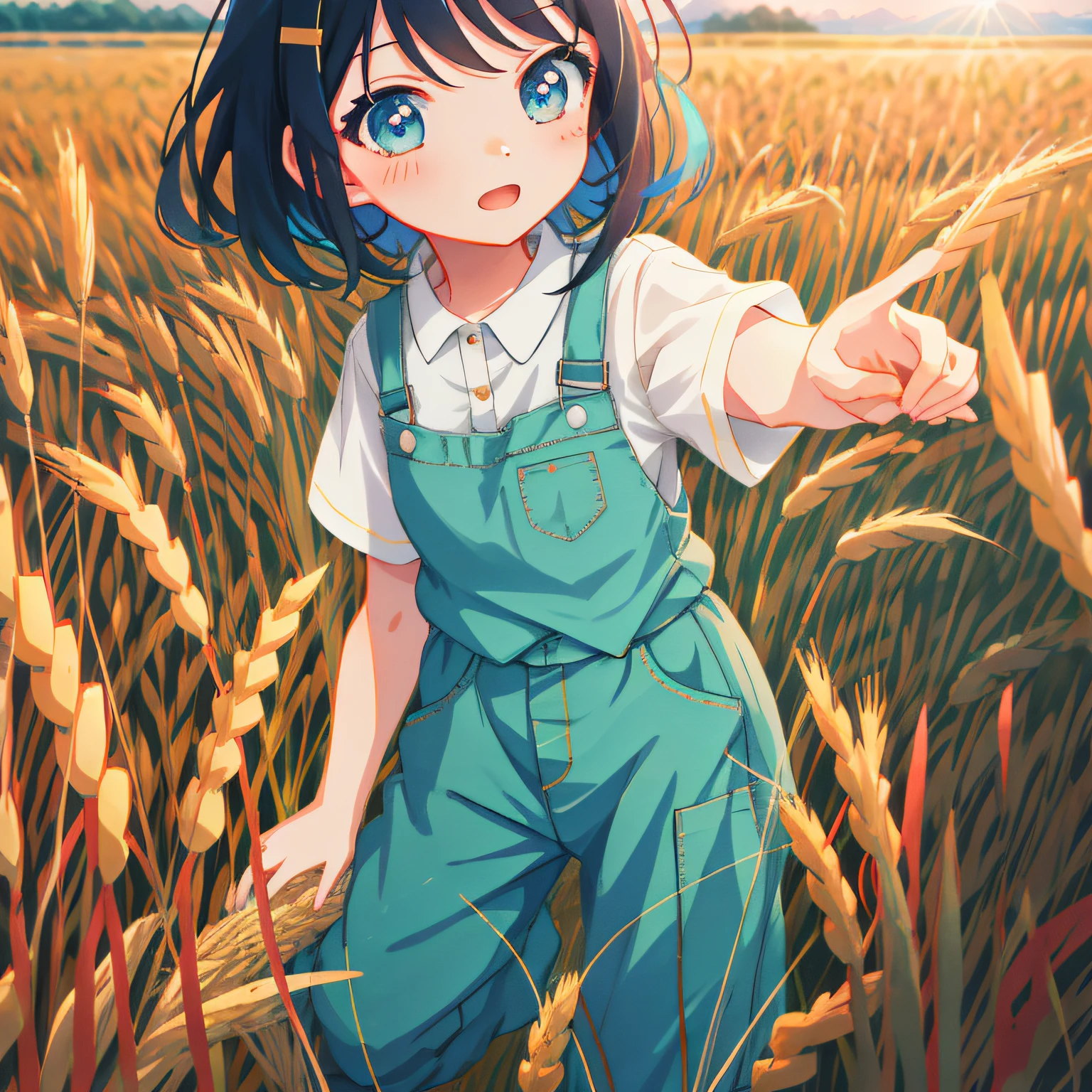 Anime girl pointing to something in the field, in a wheat field, in field high resolution, on the vast wheat fields, anime moe art style, in a field, 4k manga wallpapers, Ilya Kuvshinov landscape, walking in the wheat field, Anime art wallpaper 8 K, anime visual of a cute girl, style of anime4 K, Anime art wallpaper 4 K