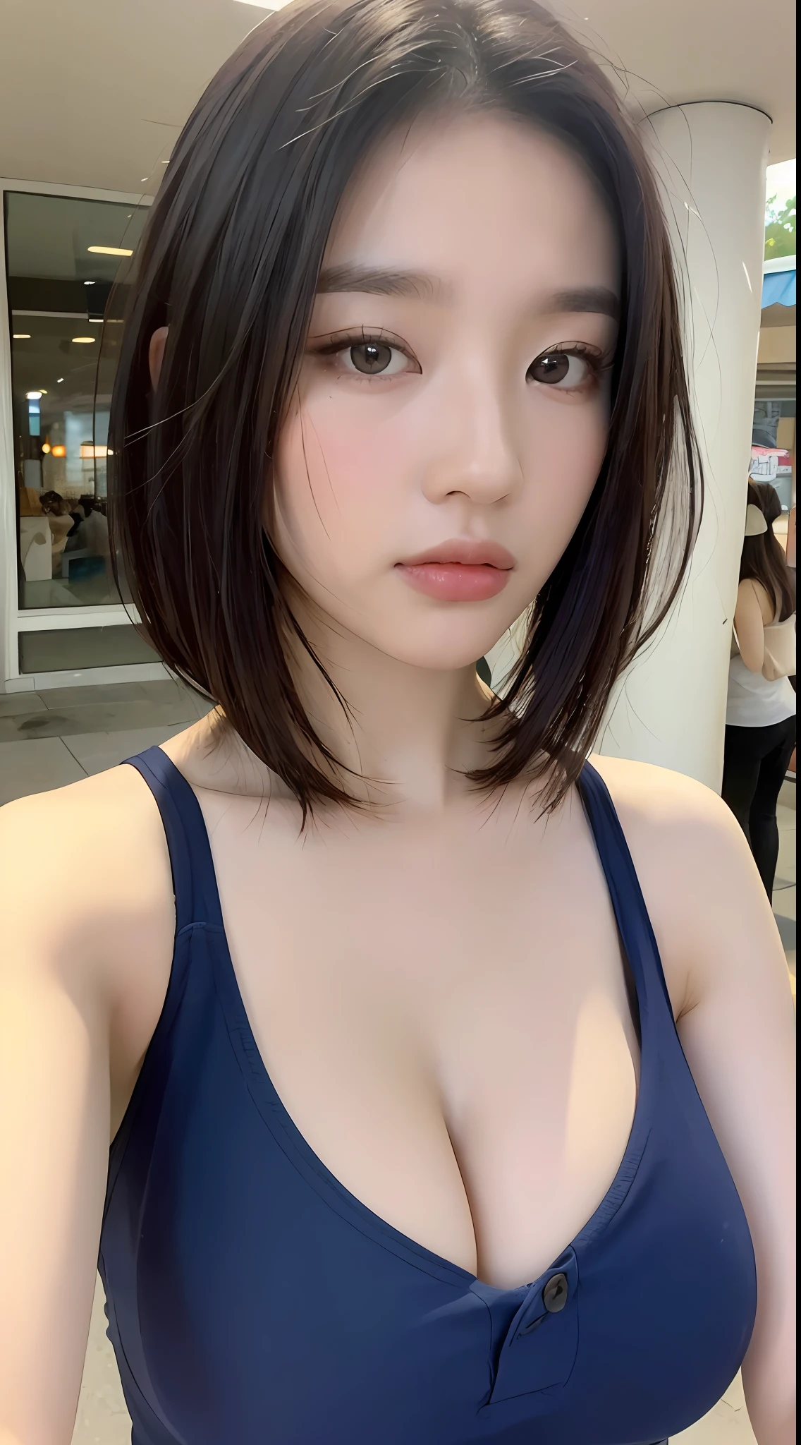 ((Best quality, 8k, Masterpiece :1.3)), Sharp focus :1.2, A pretty woman with perfect figure :1.4, Slender abs :1.2, ((Layered haircut, Big breasts :1.2)), (Tank top shirt :1.1), (Street :1.2), Highly detailed face and skin texture, Detailed eyes, Double eyelid