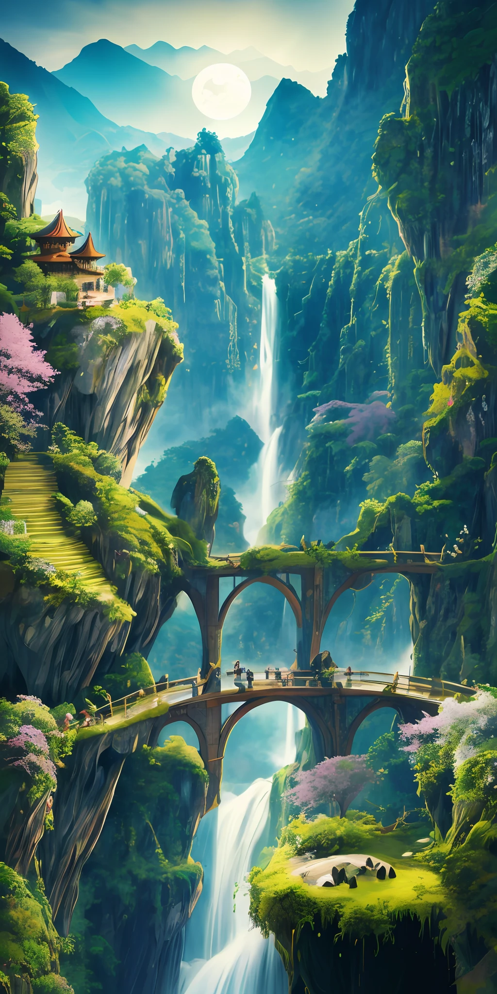 A beautiful enchanted lake, with crystal clear waters, with flowers and stones around, a beautiful waterfall in the background, children's book illustration style