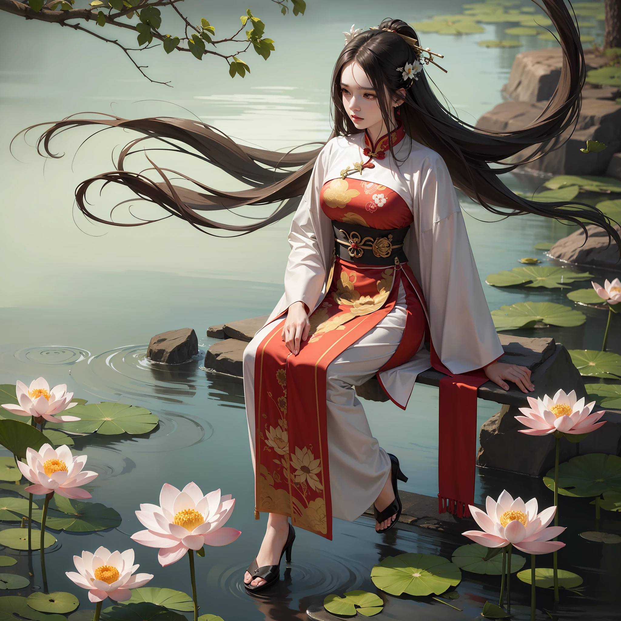 An ancient Chinese beauty sitting on a stone, wearing ancient Chinese clothing, flowing tulle, light silk, lazy posture, large lotus leaf, lotus, ink painting style, clean color, decisive cutting, blank, freehand, masterpiece, super detailed, epic composition, high quality, the highest quality, 4k --v 6