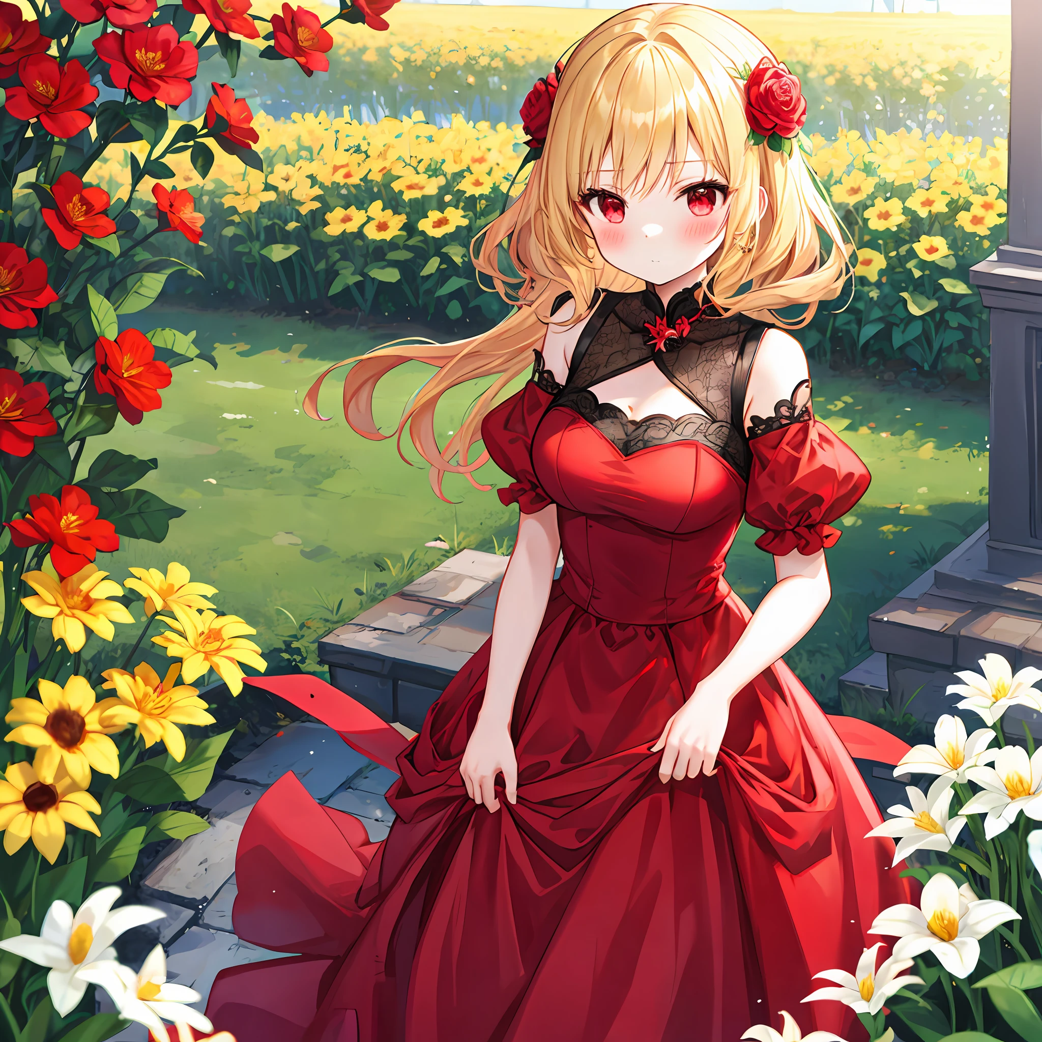 red blush、hair wavy、blonde  hair、red eyes、RED dress、off shoulders、Beautiful girl alone、animesque、独奏、flower  field