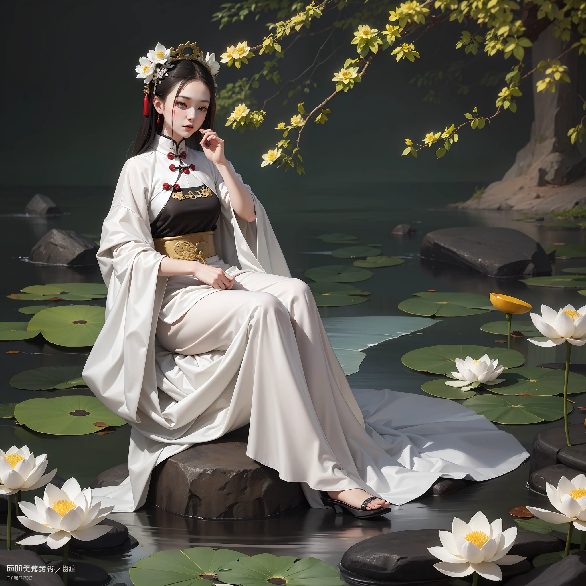 An ancient Chinese beauty sitting on a stone, wearing ancient Chinese clothing, flowing tulle, light silk, lazy posture, large lotus leaf, lotus, ink painting style, clean color, decisive cutting, blank, freehand, masterpiece, super detailed, epic composition, high quality, the highest quality, 4k --v 6