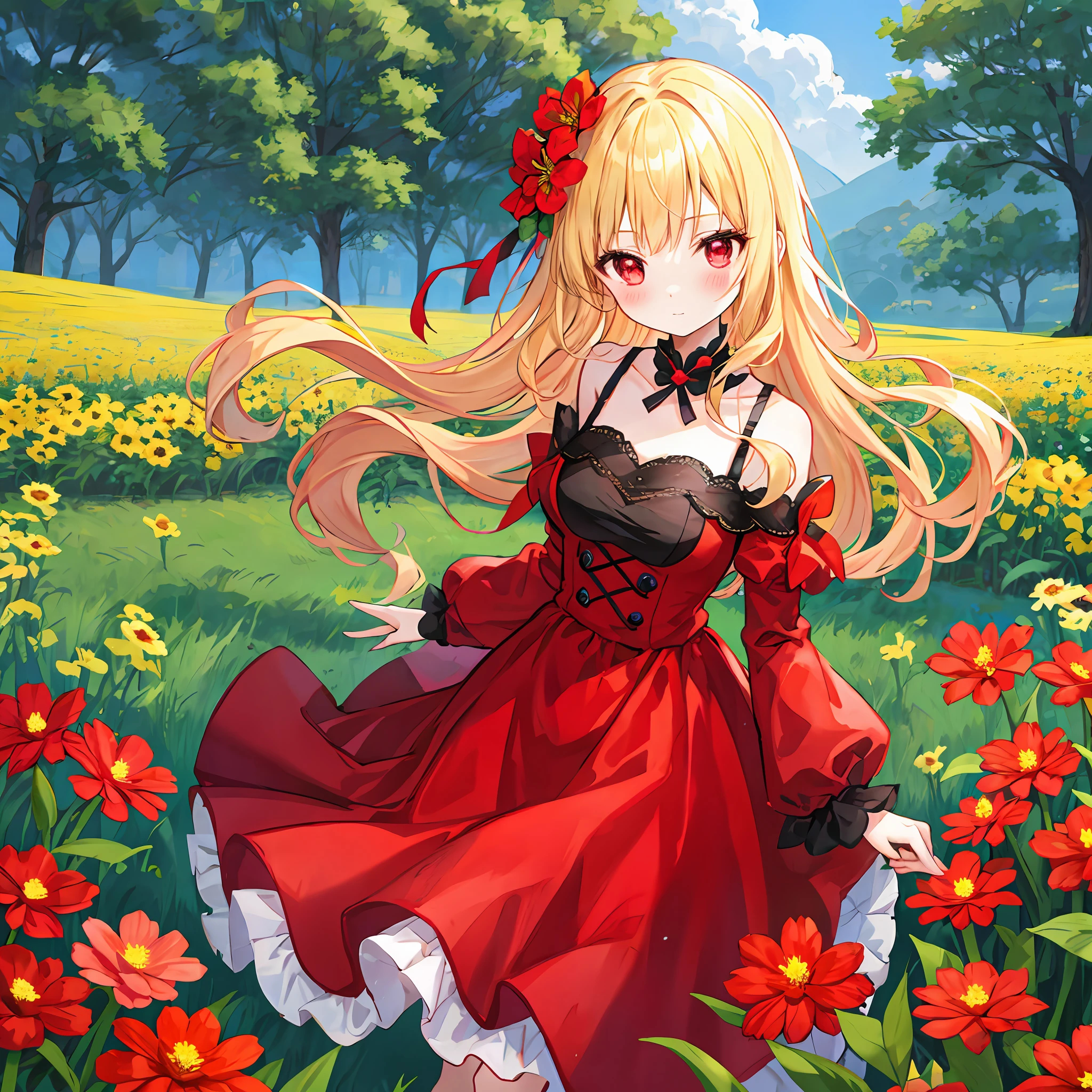 red blush、hair wavy、blonde hair、red eyes、RED dress、off shoulders、Beautiful girl alone、animesque、独奏、flower field