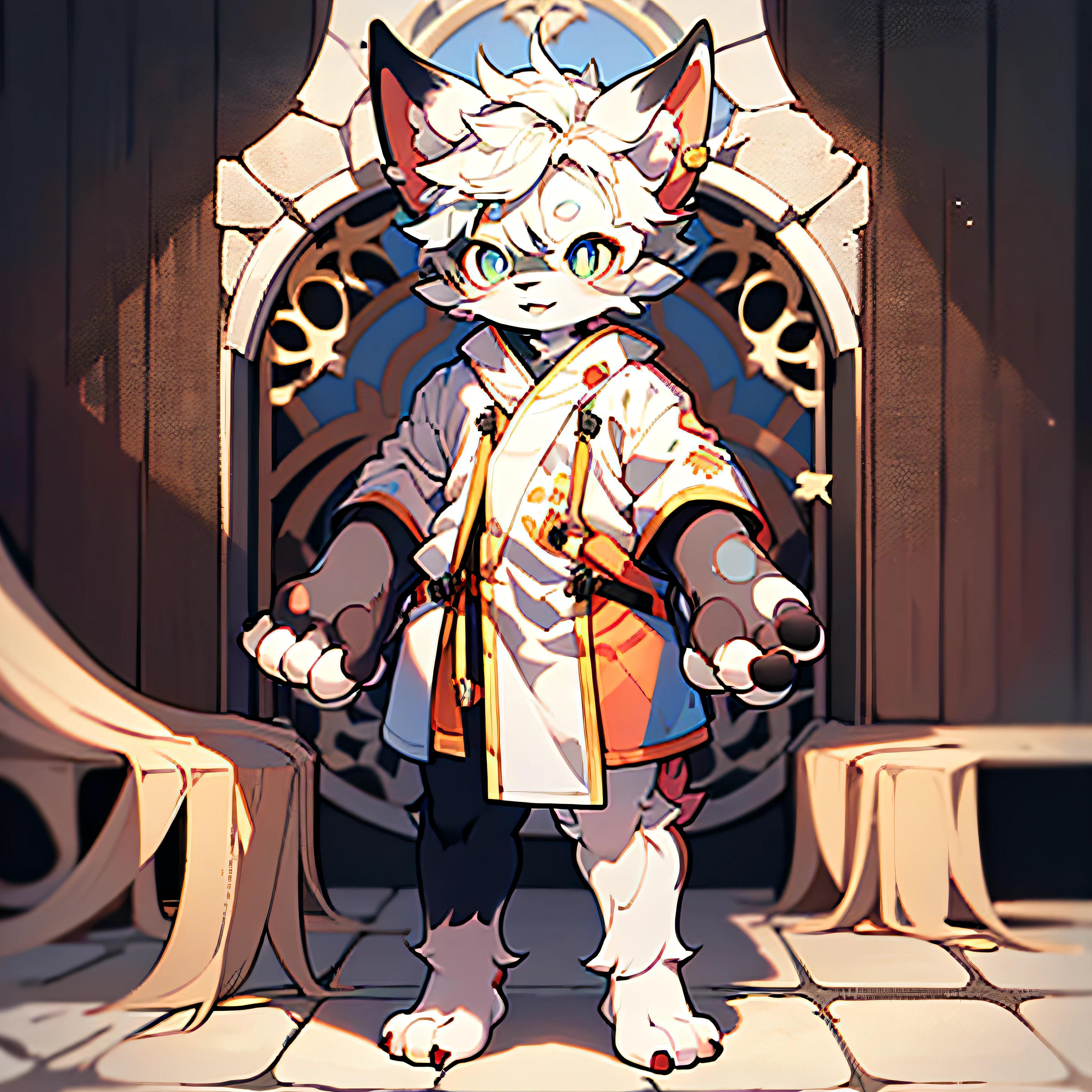 Furry Dogs Forelimb Hands Hindlimb Legs and Feet Standing Shota Little Boy Overall White Head, arms, body, legs with bluish black pattern, whole body, pink flesh pad, eyes and pupils blue, furry, no clothing, two ears