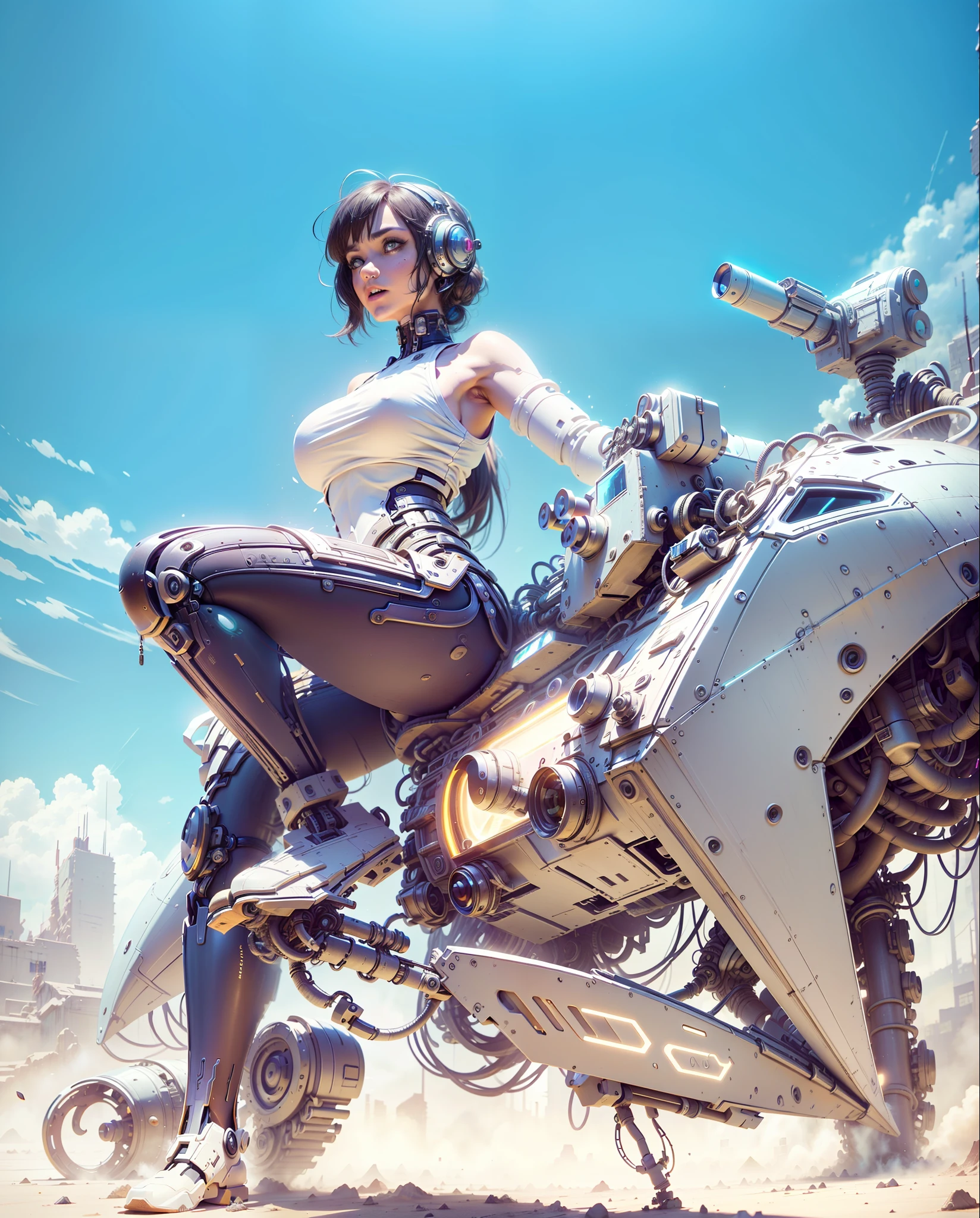 ((Best quality)), ((masterpiece)), (highly detailed:1.3), 3D,Shitu-mecha, beautiful cyberpunk women with her mecha in the ruins of city from a forgoten war, ancient technology,HDR (High Dynamic Range),Ray Tracing,NVIDIA RTX,Super-Resolution,Unreal 5,Subsurface scattering,PBR Texturing,Post-processing,Anisotropic Filtering,Depth-of-field,Maximum clarity and sharpness,Multi-layered textures,Albedo and Specular maps,Surface shading,Accurate simulation of light-material interaction,Perfect proportions,Octane Render,Two-tone lighting,Low ISO,White balance,Rule of thirds,Wide aperature,8K RAW,Efficient Sub-Pixel,sub-pixel convolution,luminescent particles,light scattering,Tyndall effect --auto --s2