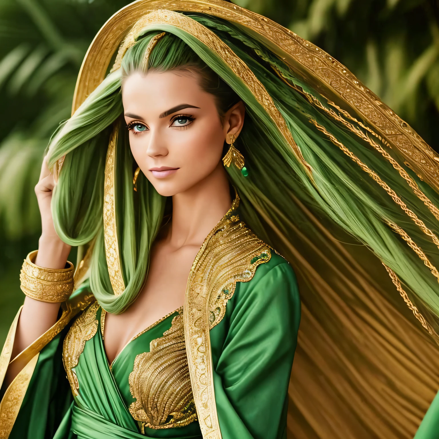 A woman in a long light green dress has coiled hair and a gold coat on her head --auto