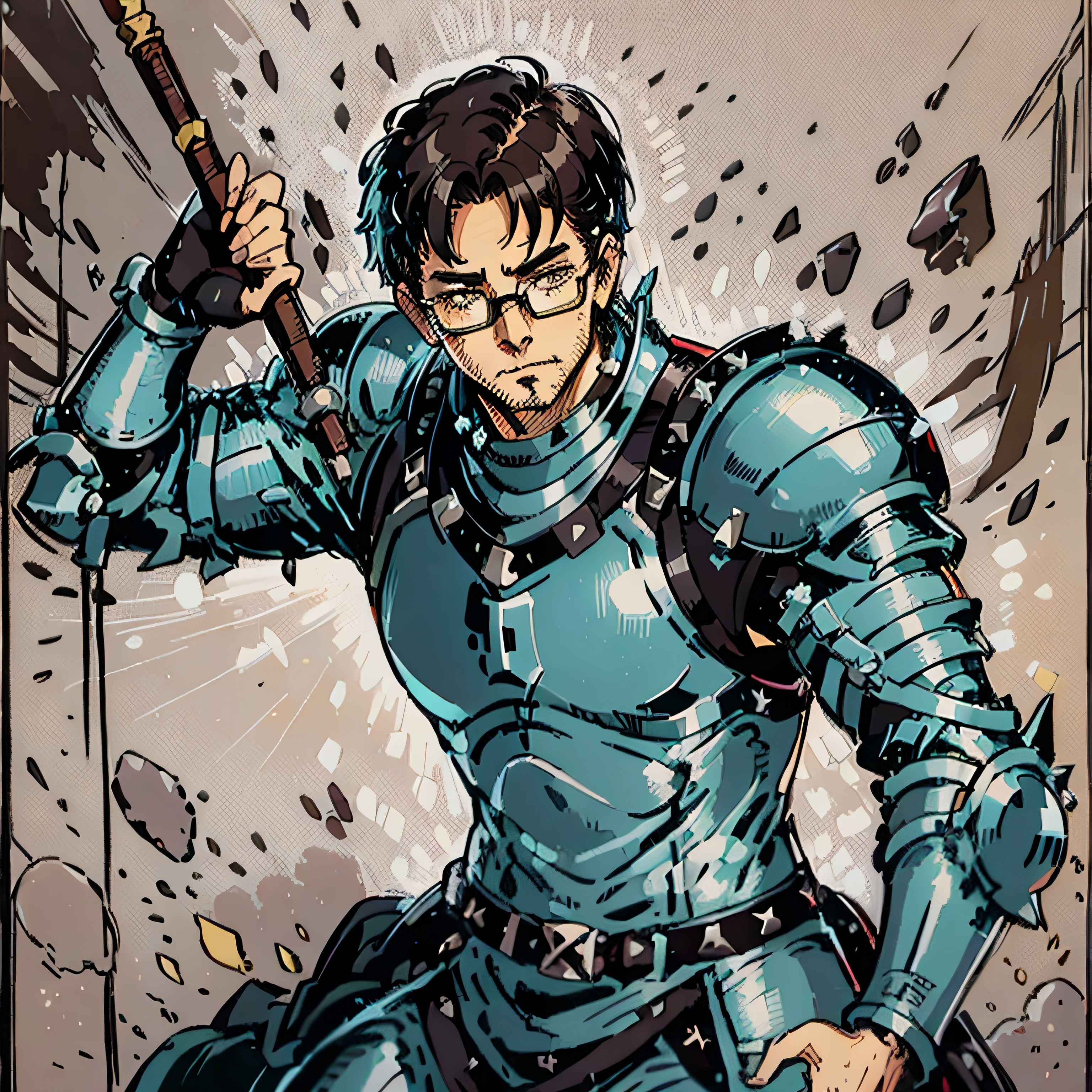 (short dark hair 40 years old man), (studded leather armor), action pose, rpg fantasy, using (rounded glasses), (no facial hair)