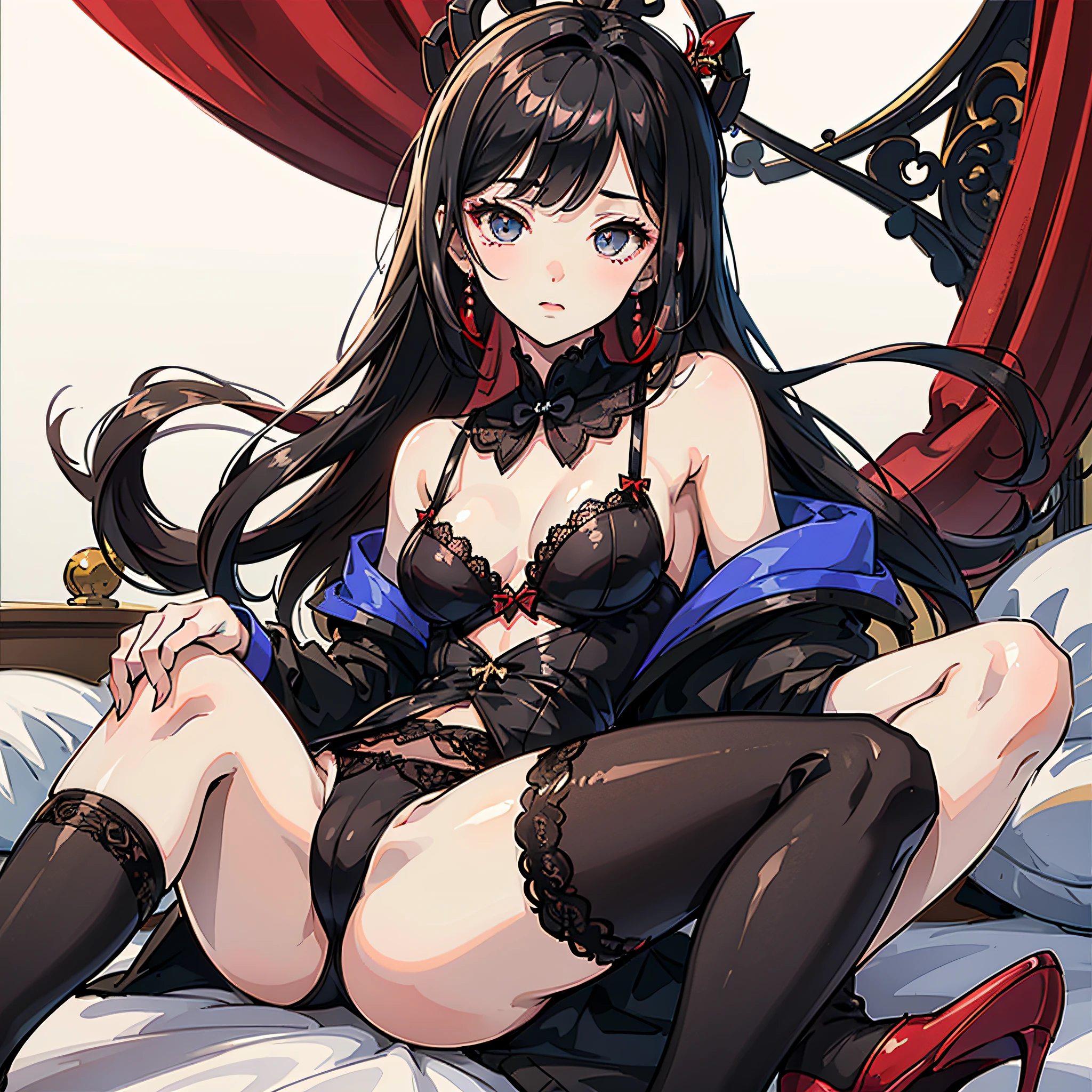 On the bed sat a girl in black lace underwear, White suspender stockings on the legs, E cup, red high heel pumps,No coats,Genshin's Omiya