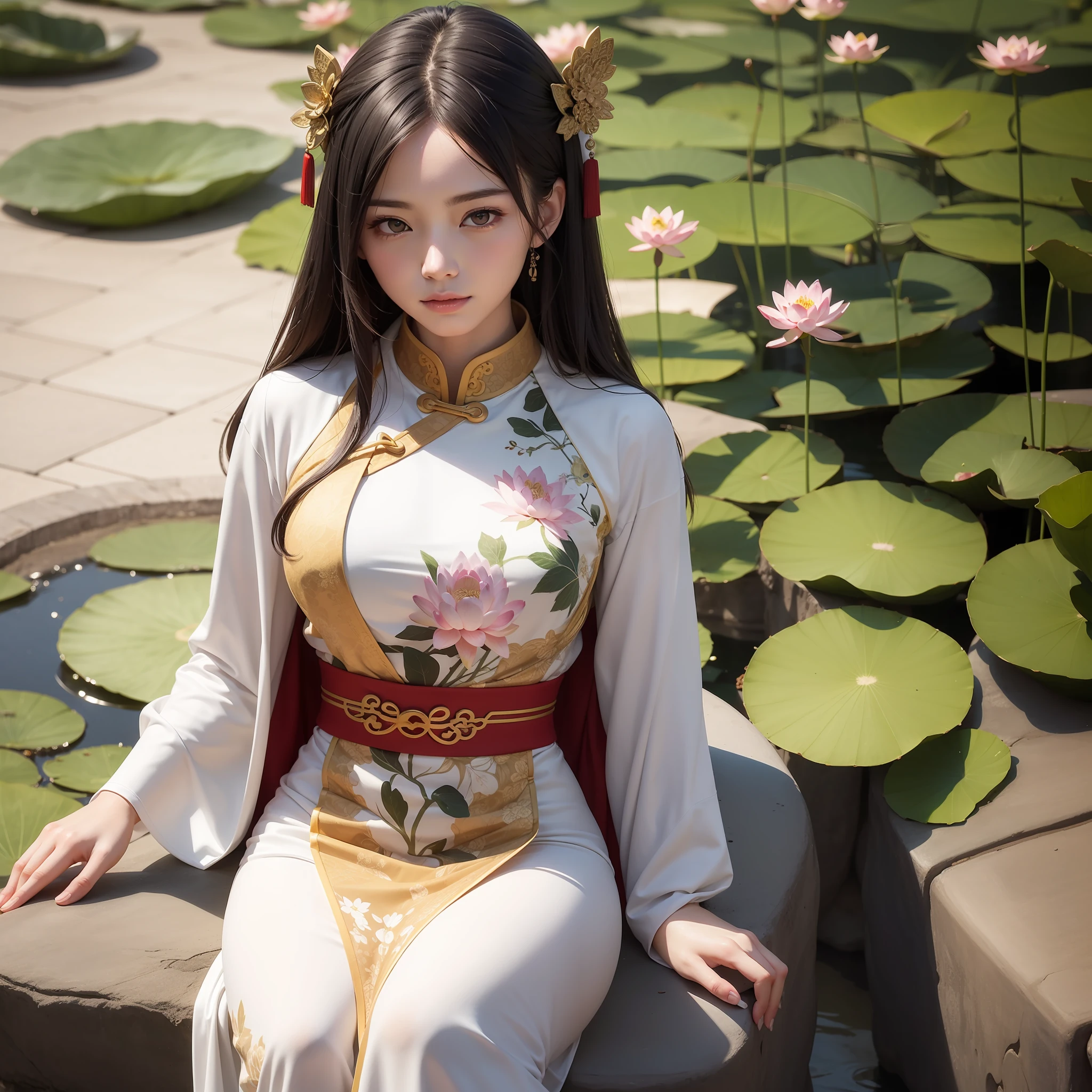 Beautiful ancient Chinese beauty sitting on stone,Wearing ancient Chinese clothing,Penetrating Xuan Mo painting style and fresh tones,Highlight the lightness and grace of lotus flowers and large lotus leaves。Super detailed details,Cutting and cutting,Be bold and leave blank,Expressive and beautiful,Deliver high-quality 4K quality,A masterpiece composition。