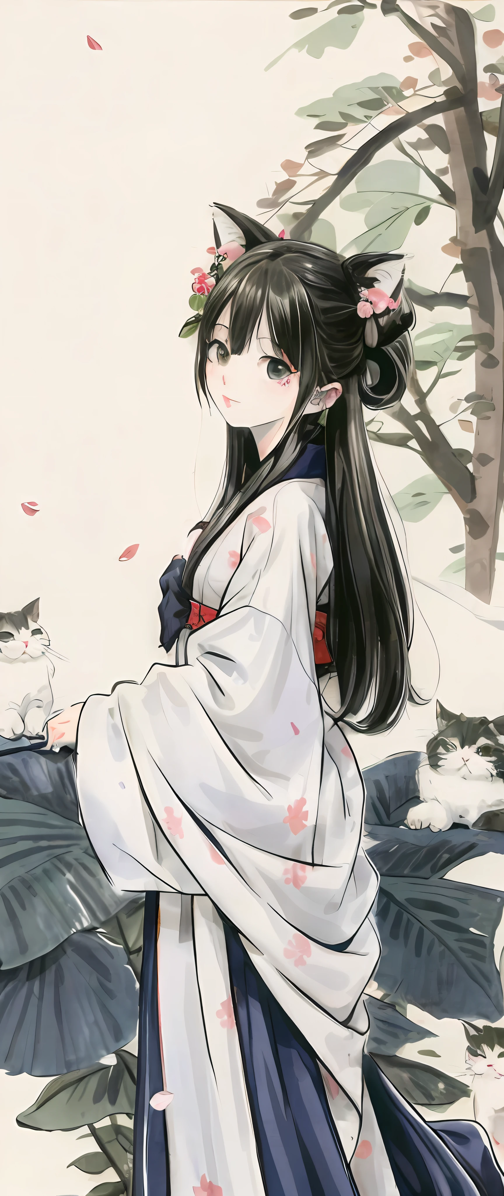 Anime girl in kimono costume with cat and leaves in background, Very beautiful anime cat girl, beautiful anime catgirl, Attractive cat girl, anime cat, anime girl with cat ears, komono, anime catgirl, White Cat Girl, very beautiful cute catgirl, cute anime catgirl, Palace , A girl in Hanfu, in a kimono