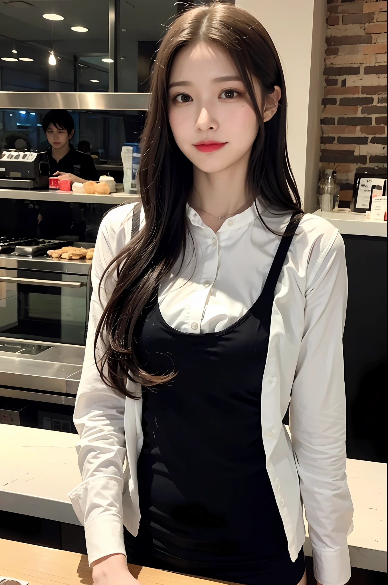 Mature mature young woman、Super cute、Nice perfect face with soft skin、Gorgeous wavy long brown hair、8K分辨率、A hyper-realistic、ultra-detailliert、hightquality、Immature woman in swimsuit、乃木坂アイドル、hposing Gravure Idol、韓国アイドル、Cafe clerk:1.3、Family Restaurant Clerk's Uniform:1.3、女優、