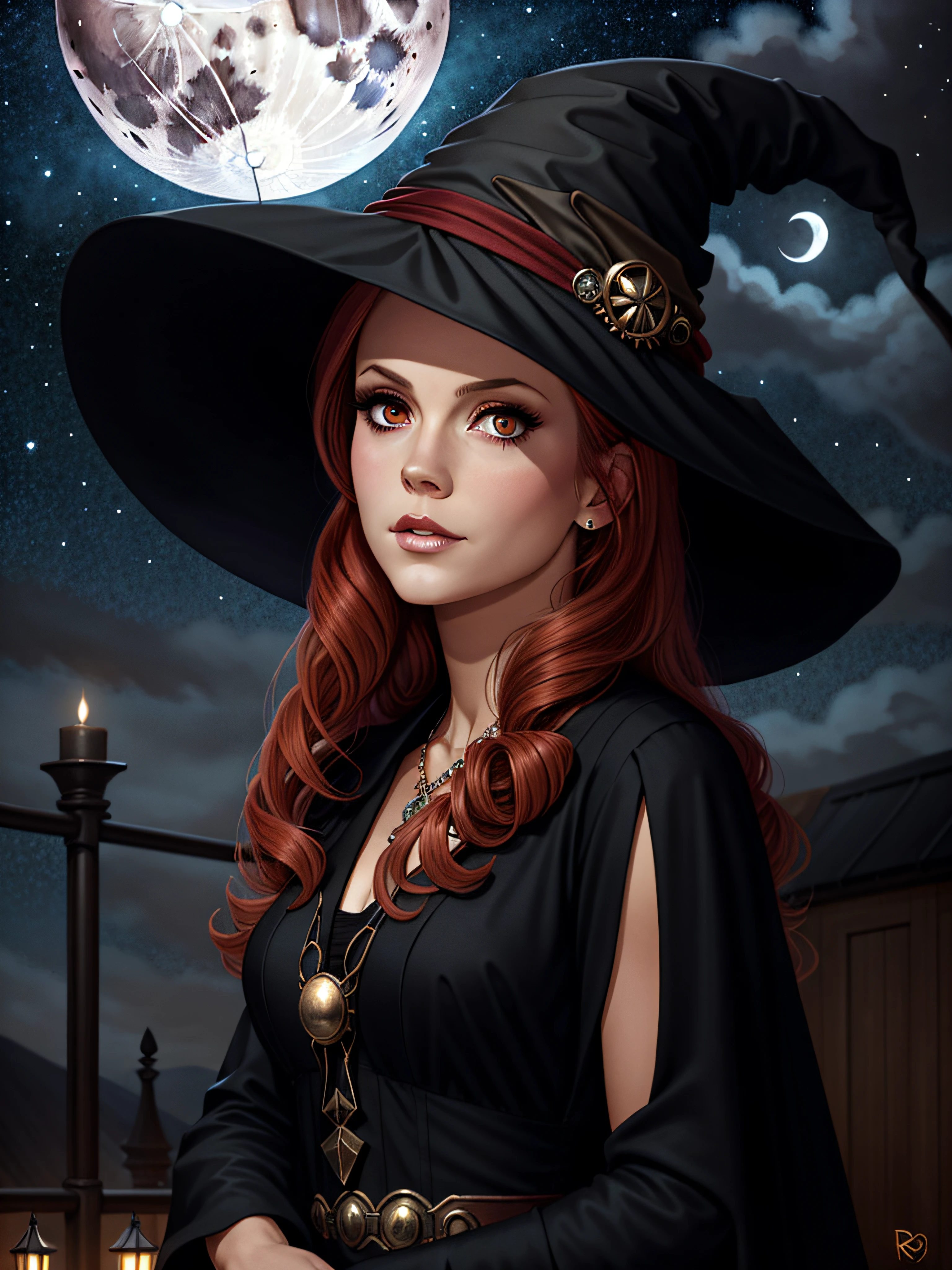 beautiful female witch, long red hair, big black witch hat, facing camera, night sky, full moon, highly detailed, royo