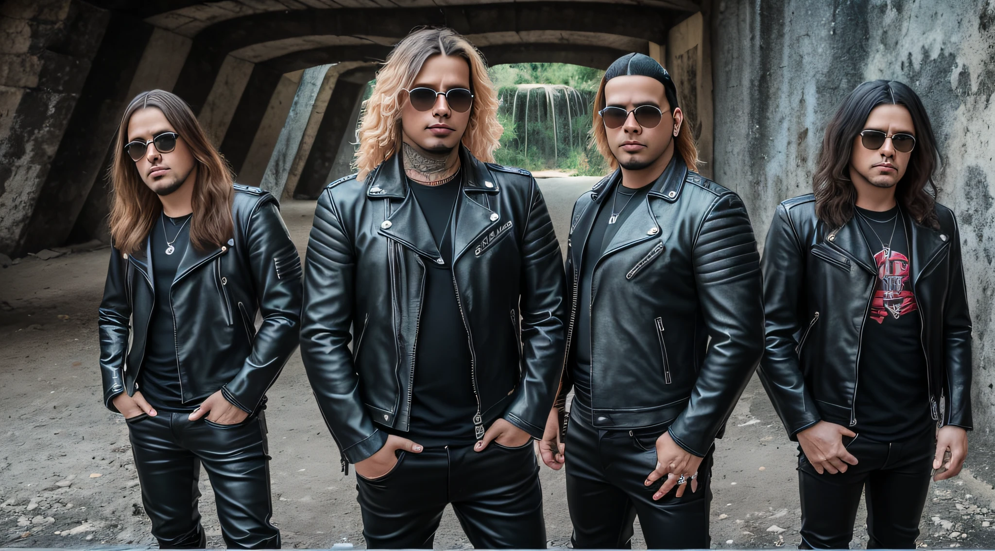 3 MENINOS LOIROS CABELOS LONGOS, in black leather jackets and sunglasses, DE MEIO CORPO, LUZES VERMELHAS SUAVES DE FUNDO, posando para uma foto, foto de alta qualidade, imagem de muito baixa qualidade, foto promocional de banda de rock pesado, fosforescente, promo de banda de heavy metal, Photo of a promotional session, of the highest quality, foto de guerra, a scooter ( EDM banda, vibe sinistra, the band name is roborock, VELAS ACESSAS.