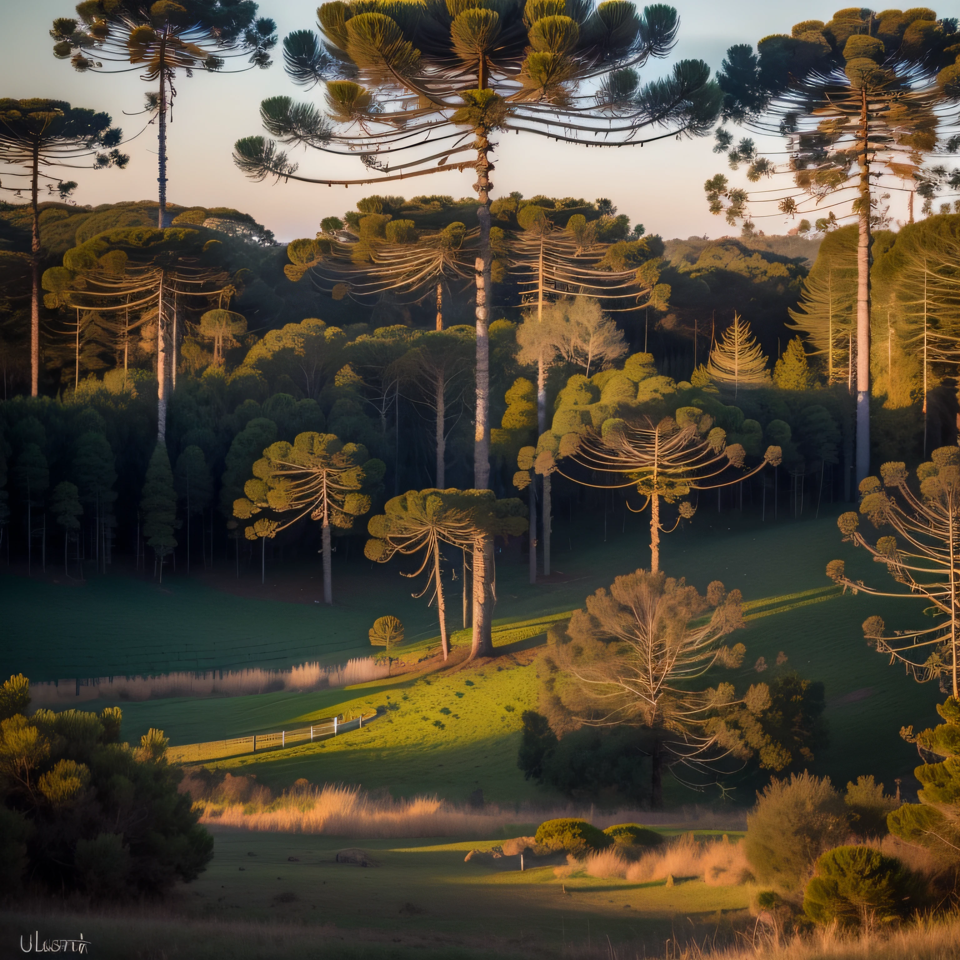 floresta de araucaria em um campo, luz perfeita, ultrarealista