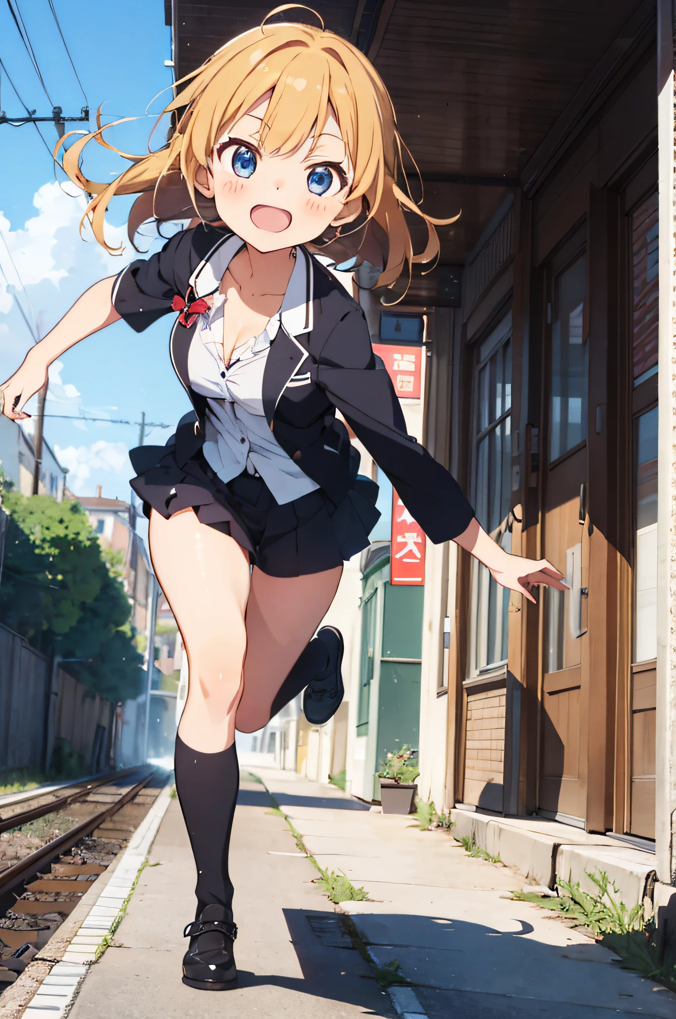 masterpiece, best quality, ultra-detailed,(loli),sel anime, ,anime moe art style,animated style illustration, (beautiful eyes), ((cute)), cute, (lovely),, , shiny skin, ,ultra high res, 
1 girl,full body,,smile,school blazer,,short sleeves,miniskirt,outdoor,cleavage of the breast、thigh,white panties,train,blunt bangs、zettai ryouiki,dynamic pose