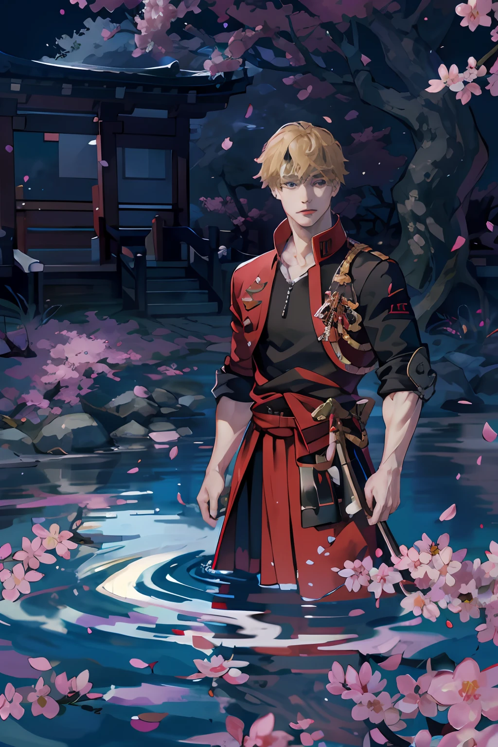 extremely delicate and beautiful, Amazing, finely detail, masterpiece, ultra-detailed, highres,best illustration, best shadow,intricate,sharp focus,  high quality, 1 male solo, mature, handsome, tall muscular guy, broad shoulders, blond hair, red and black jacket, black hairband, old japanese city, standing in a water with sakura petals, clear water