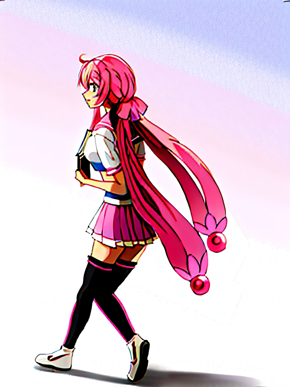 Anime girl walking with long pink hair and holding a book, Pink two-tailed hair and pink eyes, humanoid pink female squid girl, double tails, anime figure, An anime girl, Anime girl with long hair, anime moe art style, anime style character, up of young anime girl, style of magical girl, shirabii, Anime girl, in an anime style