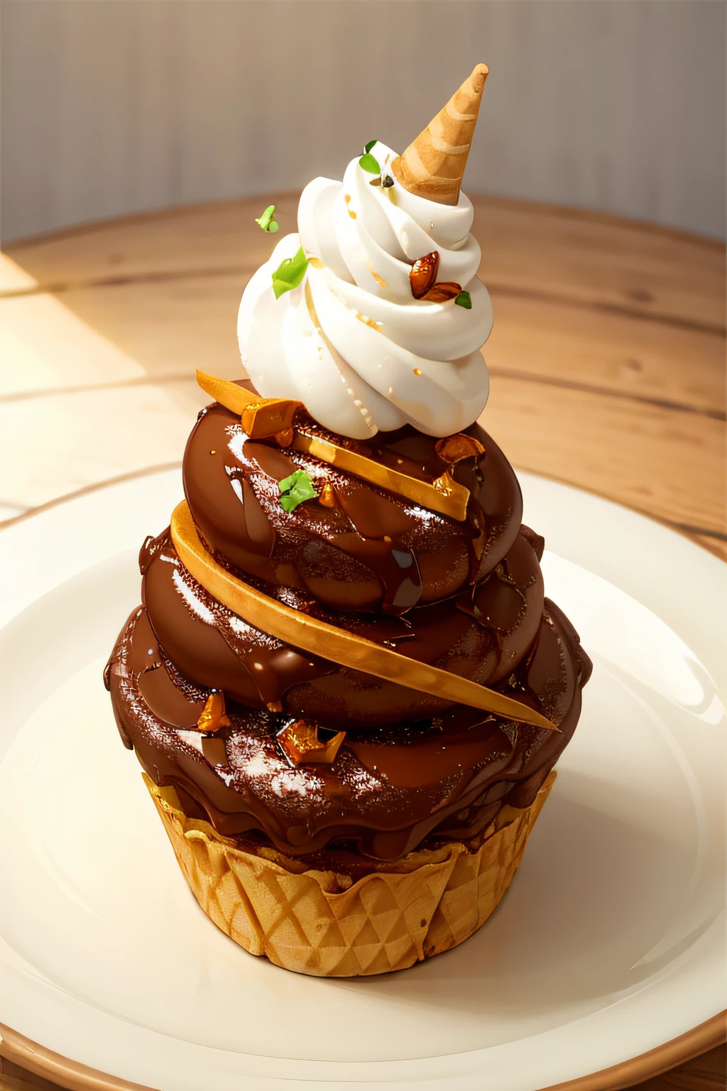 masterpiece, high quality, best quality, chocolate ice cream with marmalade, cone, foodphoto,