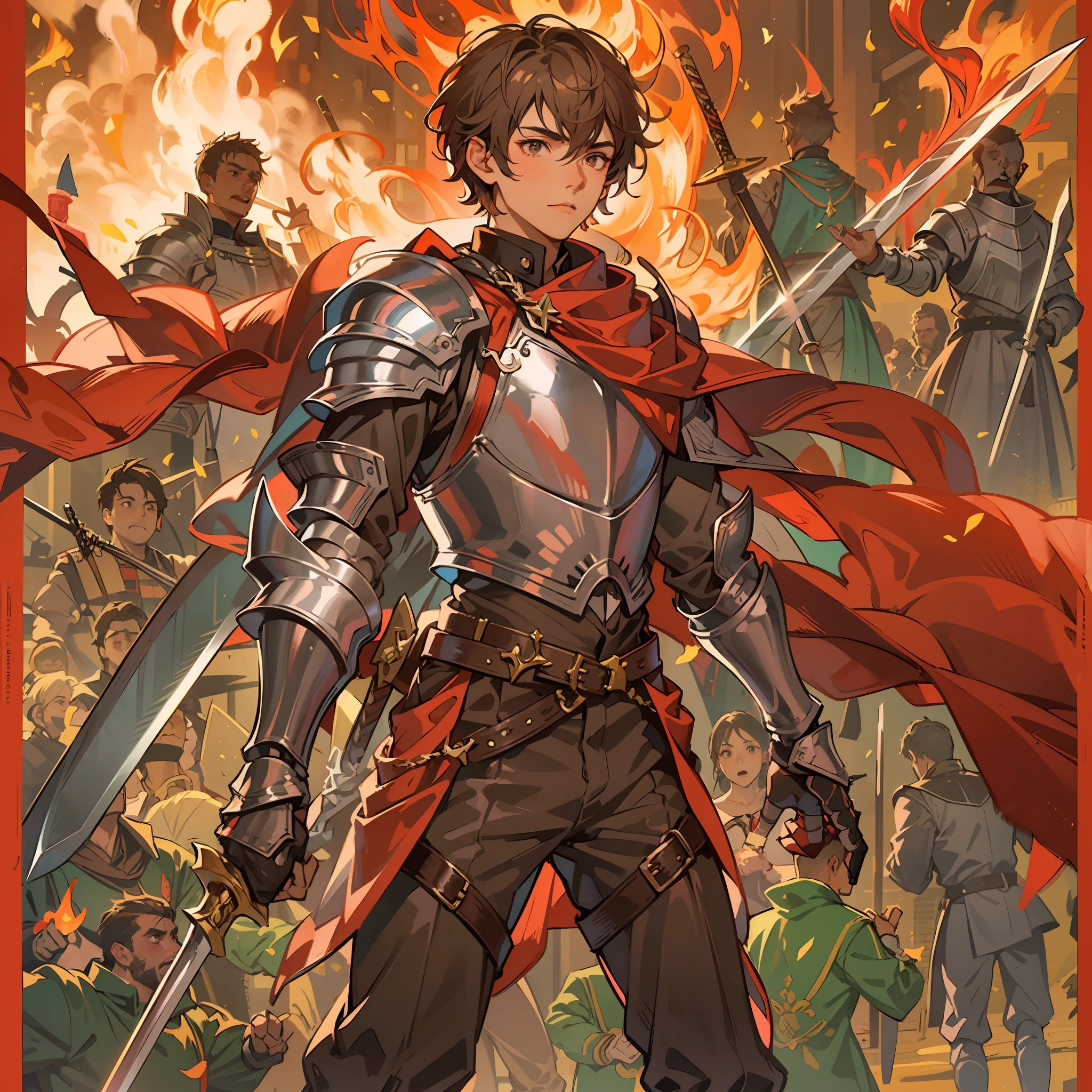 a 17-year-old age boy, 1 boy as a swordsman, sword, brown short hair, brown short hair parted in the middle, without a beard, without a goatee, no facial hair, silver colored medieval knight armor, red clothes, with giant flaming flames behind him