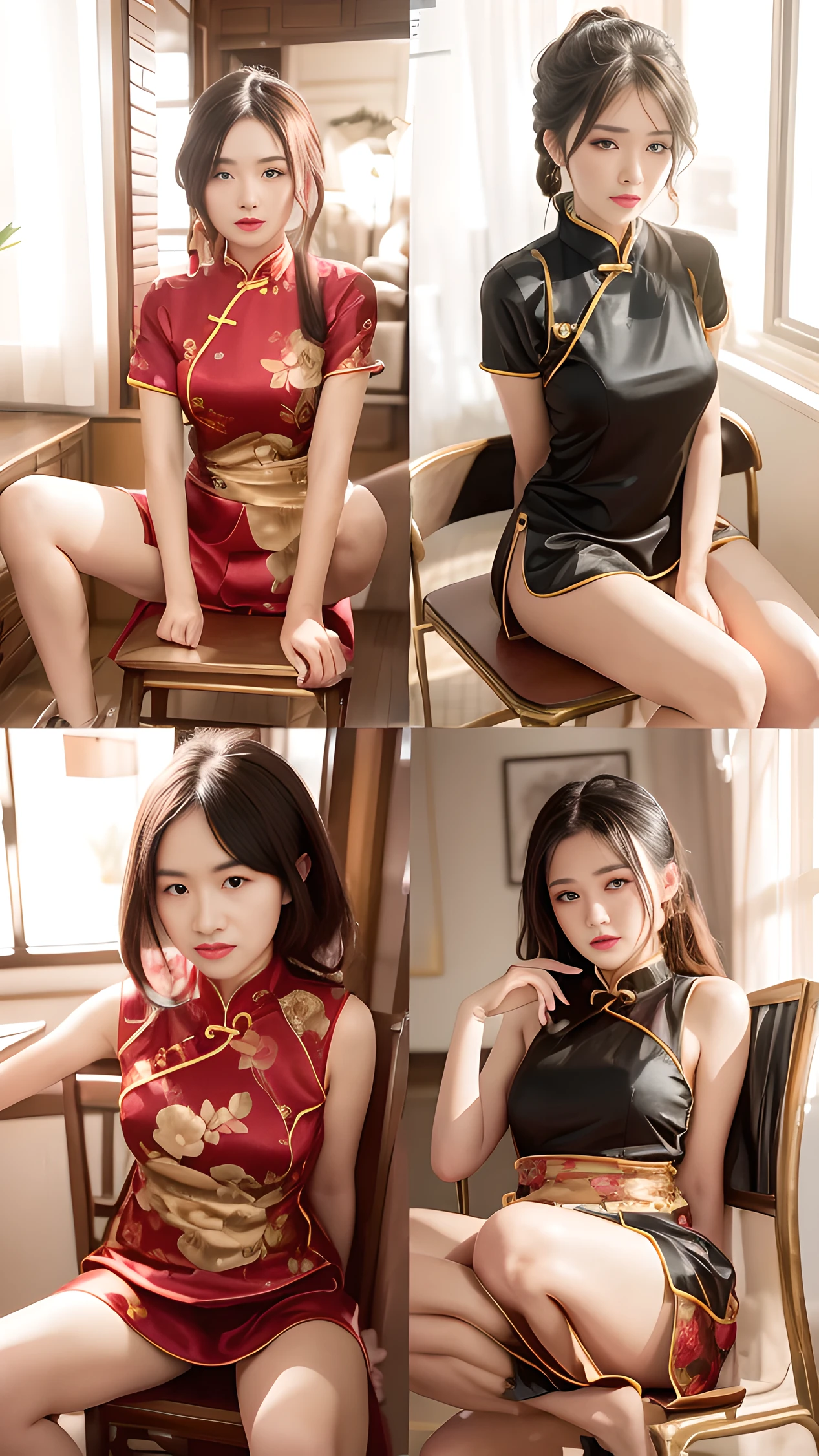 A set of four photographs of women sitting in chairs, Cheongsam, with acient chinese clothes, Chinese dress, Traditional Chinese clothing, Chinese style, Chinese traditional, Chinese girl, black and red silk clothing, Chinese costume, Japanese clothes, Asian girl, Japanese model, trending at cgstation, Middle metaverse, korean women's fashion model --auto