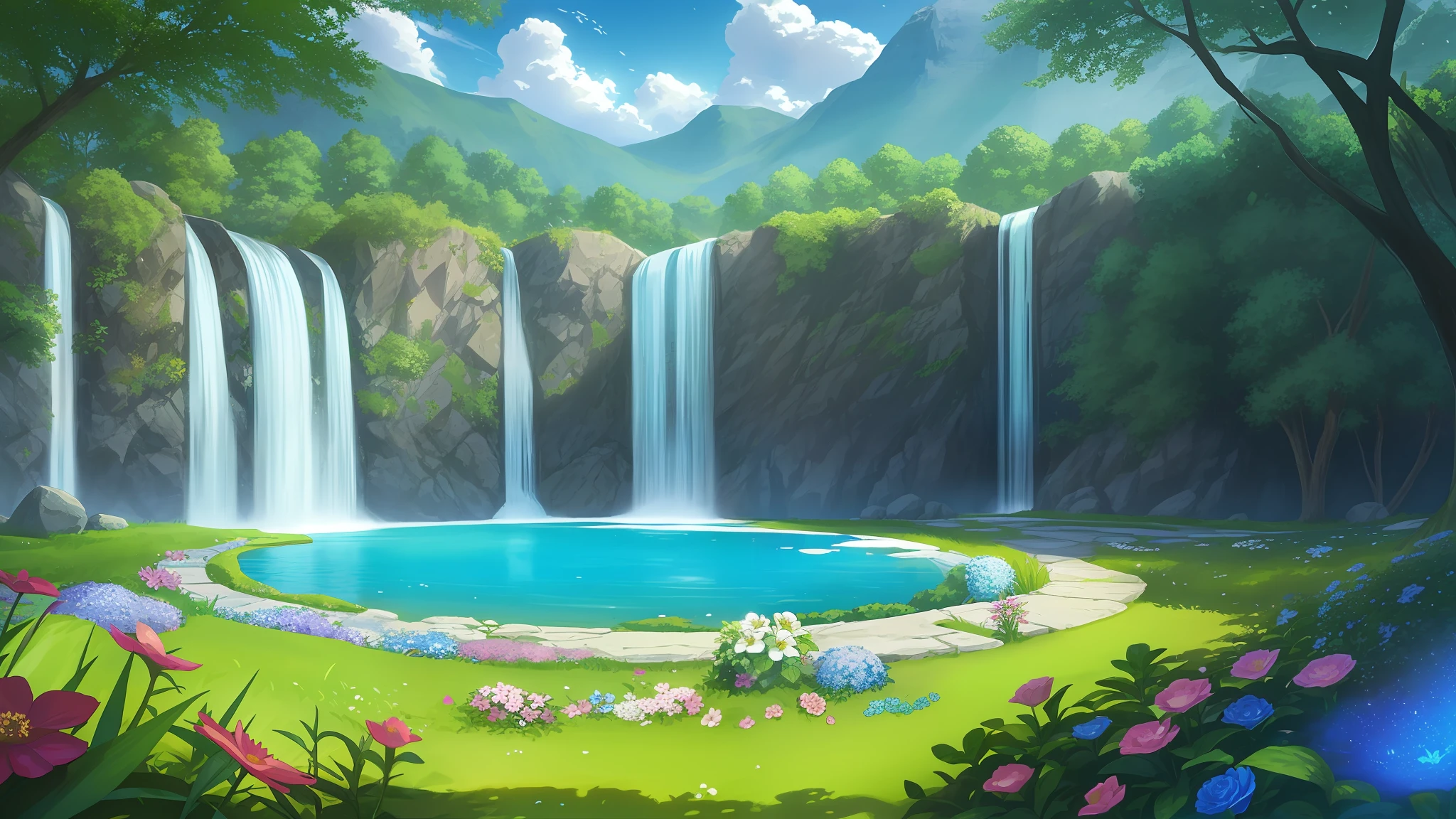 A beautiful enchanted lake, with crystal clear waters, with flowers and stones around, a beautiful waterfall in the background, children's book illustration style