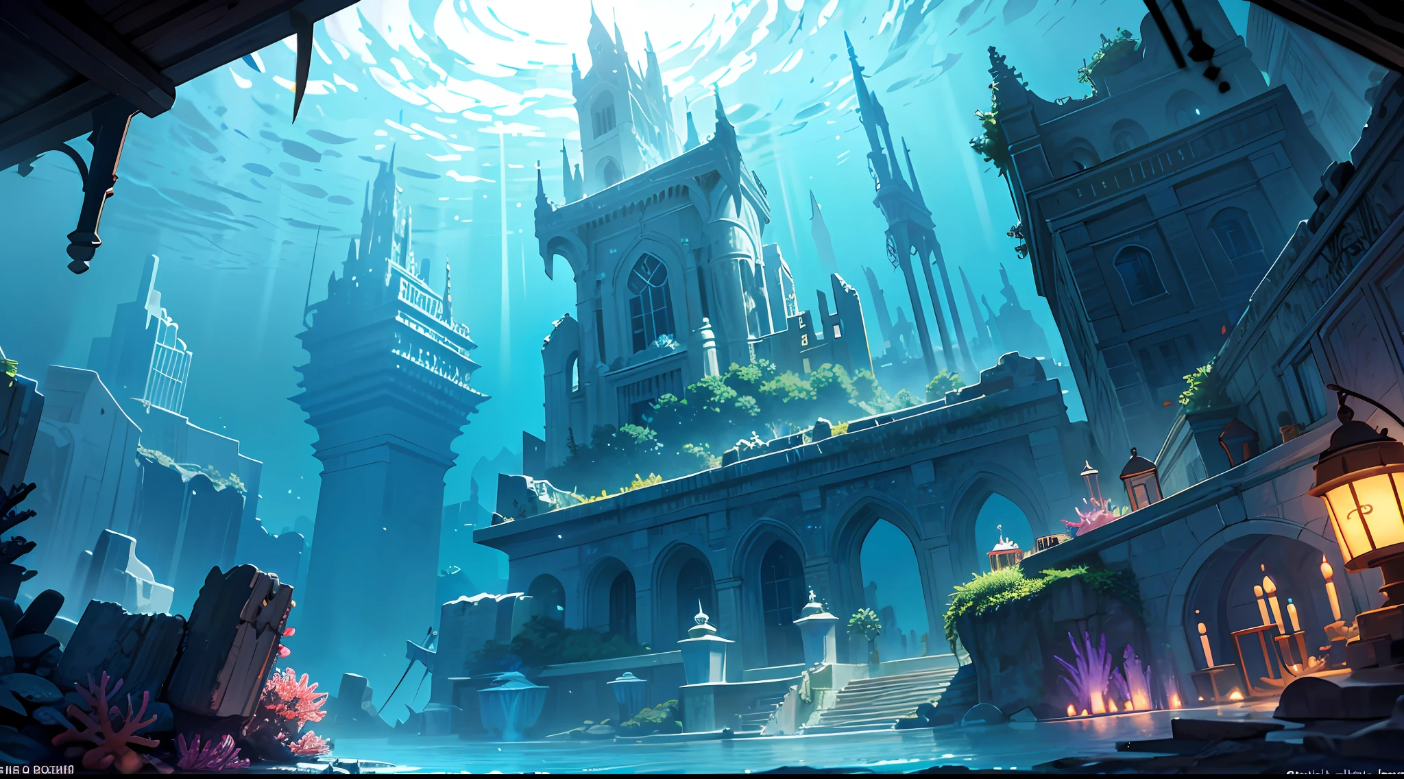 （down view：1.4），（（best qualtiy））， （（tmasterpiece））， （A detailed：1.4），（Under the water：1.4），Enhanced dynamic perspective，（（Underwater world：1.4））、（Marine life）、（（Beautiful coral reef，Sea sand covers the seabed））、（Huge underwater ruins：1.3），（（（Sea monsters loom in the ruins））），Bright colors，dream magical，optic，high qulity，super-fine，Detailed pubic hair，Accurate，Cinematic lighting，， hdr（HighDynamicRange），Ray traching，Hyper-Resolution，