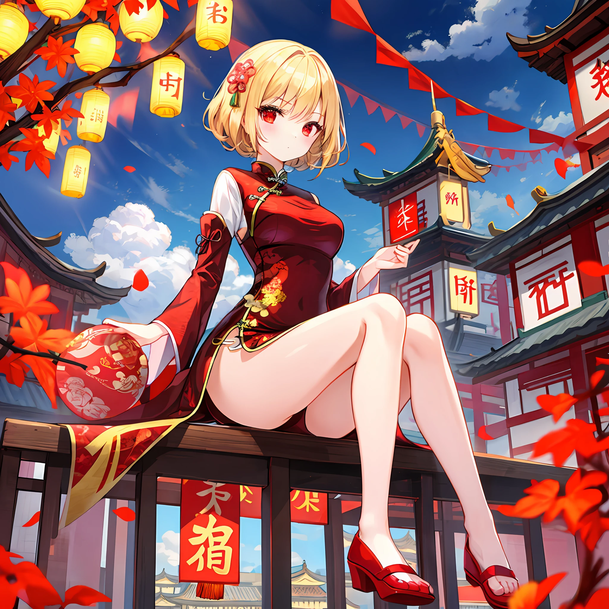One beautiful blonde girl、red eyes、qipao dress、chinese buildings、独奏、a miniskirt