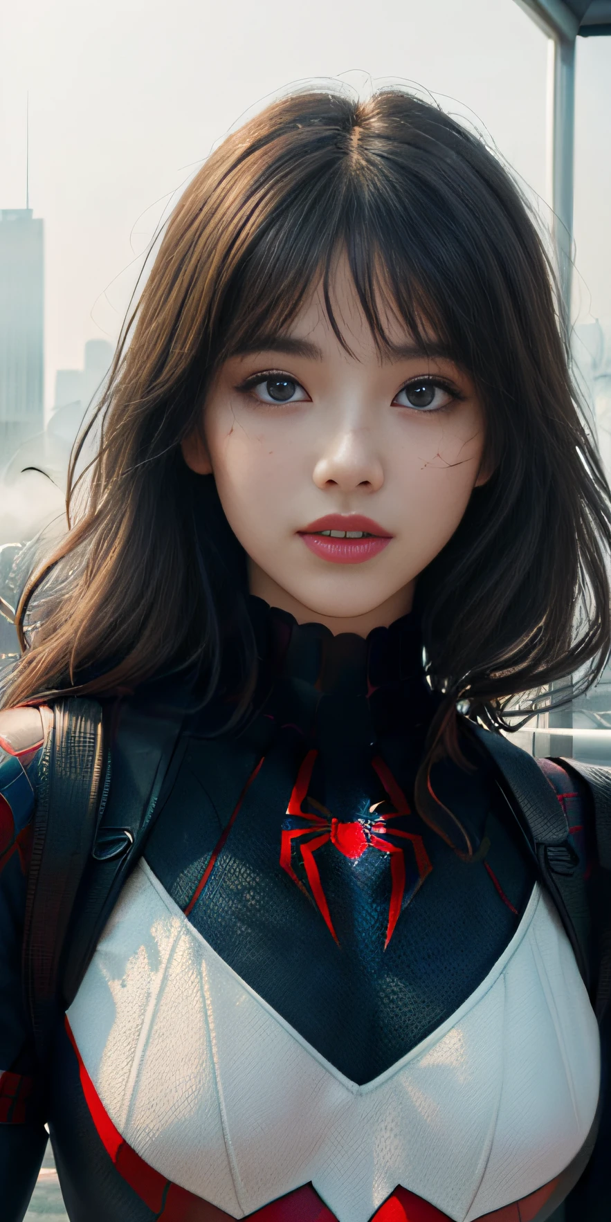 (1girl:1.3), Solo, (((Very detailed face)))), ((Very detailed eyes and face)))), Beautiful detail eyes, Body parts__, Official art, Unified 8k wallpaper, Super detailed, beautiful and beautiful, beautiful, masterpiece, best quality, original, masterpiece, super fine photo, best quality, super high resolution, realistic realism, sunlight, full body portrait, amazing beauty, dynamic pose, delicate face, vibrant eyes, (from the front), She wears Spider-Man suit, red and black color scheme, spider, very detailed city roof background, rooftop, overlooking the city, detailed face, detailed complex busy background, messy, gorgeous, milky white, highly detailed skin, realistic skin details, visible pores, clear focus, volumetric fog, 8k uhd, DSLR, high quality, film grain, fair skin, photo realism, lomography, futuristic dystopian megalopolis, translucent