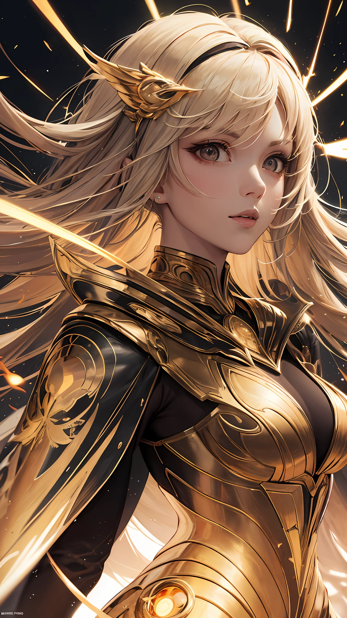 (tmasterpiece, top-quality, best qualityer, offcial art, aesthetics: 1.2), (1girll), s fractal art: 1.3, HDR, high detal: 1.5, Perfect face shape, Serpentine lines, light stre, vivd colour, The upper part of the body, Golden line cloak: 1.2, galaxias, dynamic streaks, Luminous trajectory: 1.2, striking visual effects, DOA: 1.3。