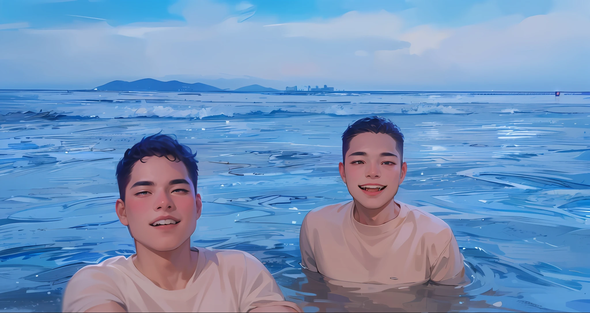 (absurd, elevation, hyper-detail, HDR), masterpiece, best quality, 2 boy, handsome asian, short hair, sharp eyes and detailed face, (white t-shirt), ( red jacket), dimples, daytime, city, selfie, light smile