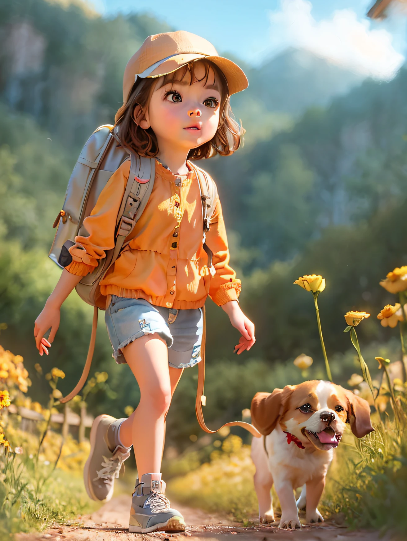 Tip: A very charming *********** with a backpack and her adorable puppy enjoying a lovely spring outing surrounded by beautiful yellow flowers and nature. The illustration is a high-definition illustration in 4K resolution with highly detailed facial features and cartoon-style visuals.