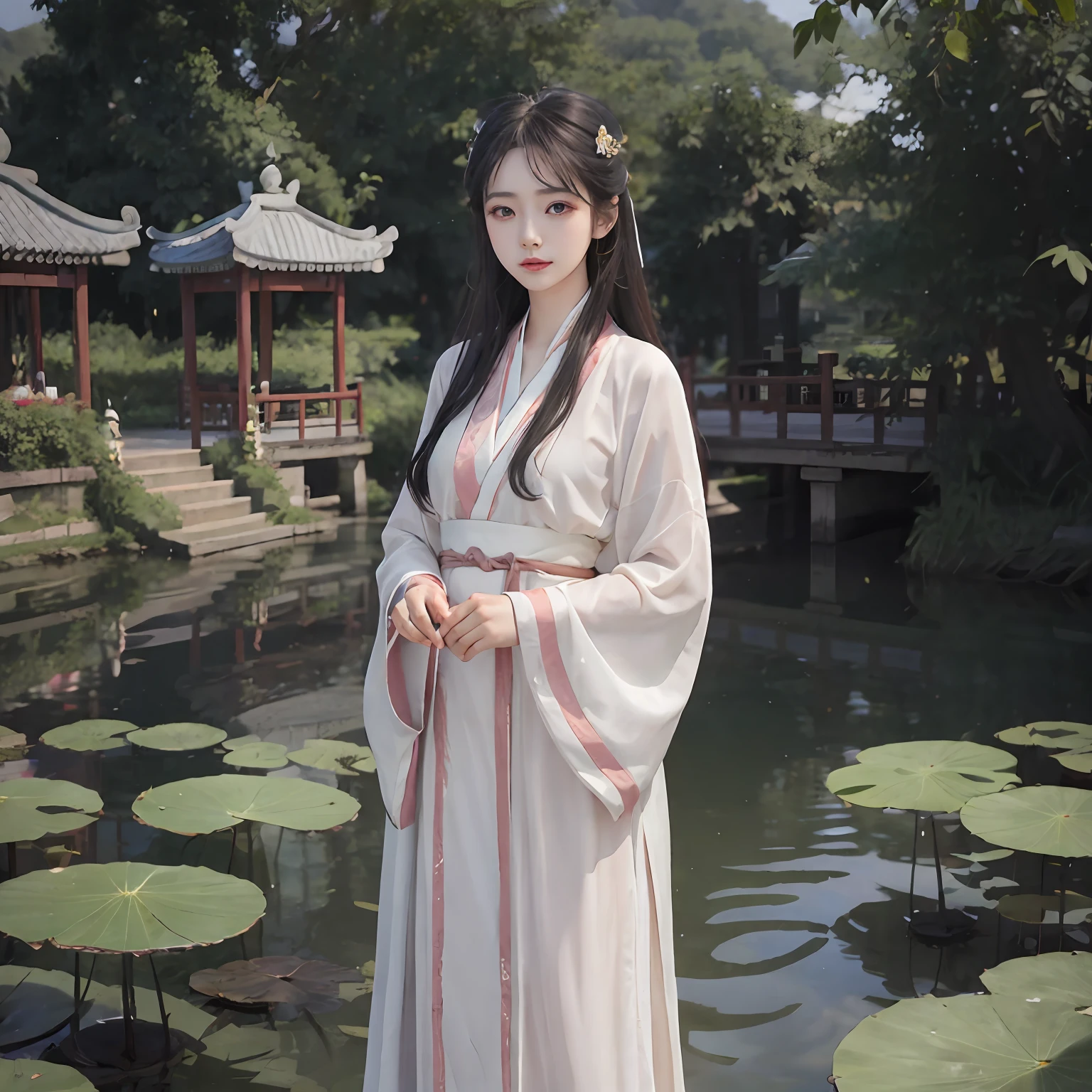 Hanfu，largeeyes，long whitr hair，kiosk，lakeside，lotuses ，realisticlying，Jade flute in hand，