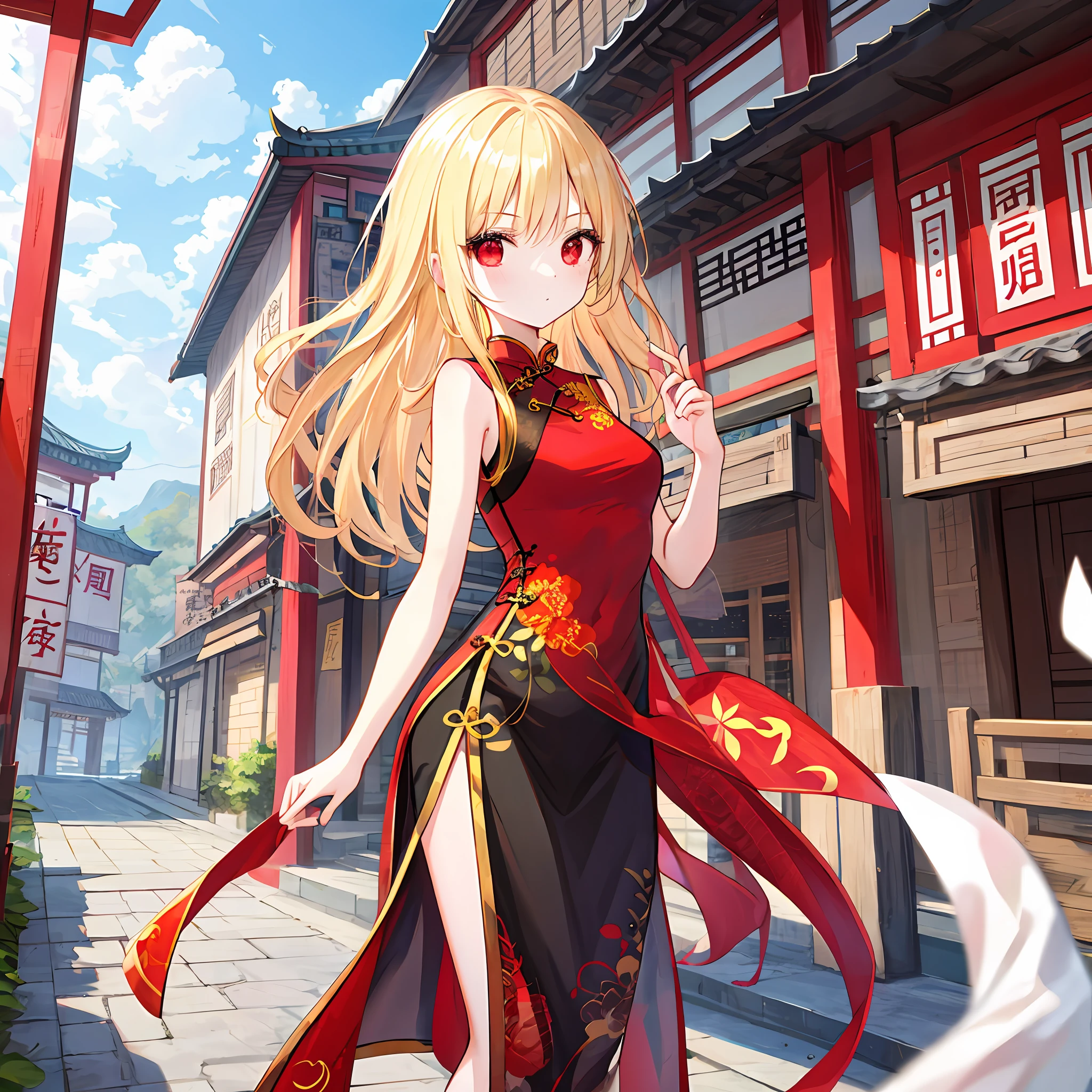 One beautiful blonde girl、red eyes、Black cheongsam、chinese buildings、