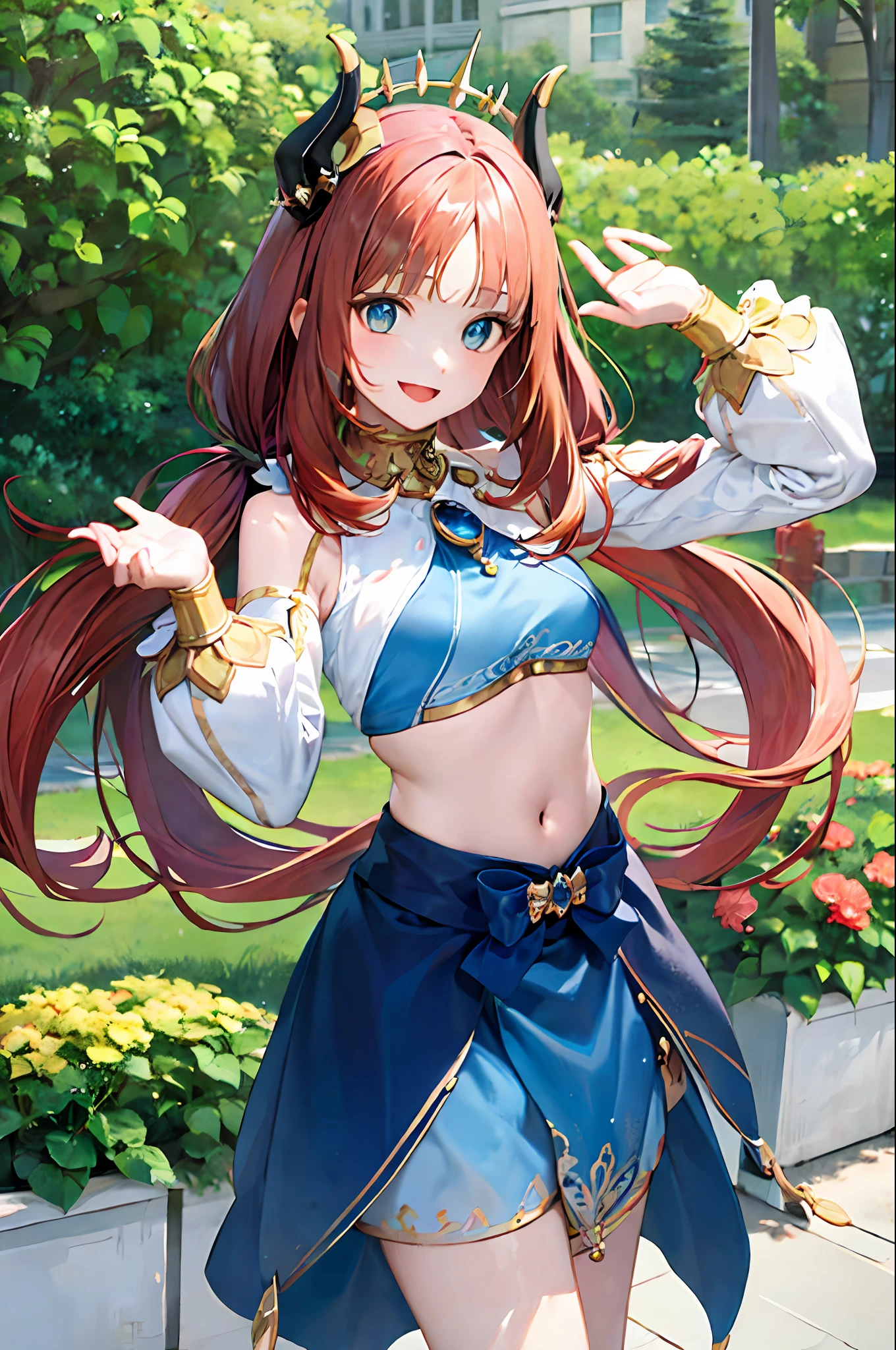 (Realistic painting style:1.1)、masterpiece、top-quality、absurderes、nilou(Neither flowers nor mist)(GenshinImpact)、aqua eyes、nilou(GenshinImpact)、fake horns、1girl in、独奏、red hairs、veils、a smile、a moon、length hair、croptop、jewely、banya、natta、bracers、brooches、long-sleeve、puffy long sleeves、looking at the viewers、skirt by the、bangss、Twin-tailed、Eau、puffy sleeves、Skysky、neck rings、open open mouth、 :d, florals, harem outfit, gold trim, partedbangs, Raise your arms, breastsout, circlet, plein air, a blue skirt, hair adornments, Independent sleeves, low twintails, Floating hair, Pedras preciosas, flower in hair, blue gemstone, hand up, dancers, White cap, tiny chest, stomach, Midriff, cowboy shot, blue bow, Very long hair